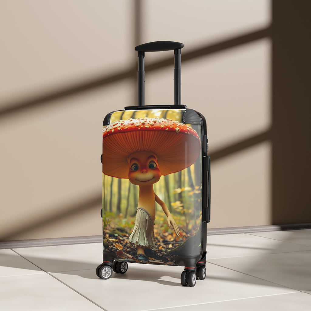Pack Joy. Roll Whims Travel Casey Wander Happy Shroomie Traveler Carry-On with a cute mushroom character.