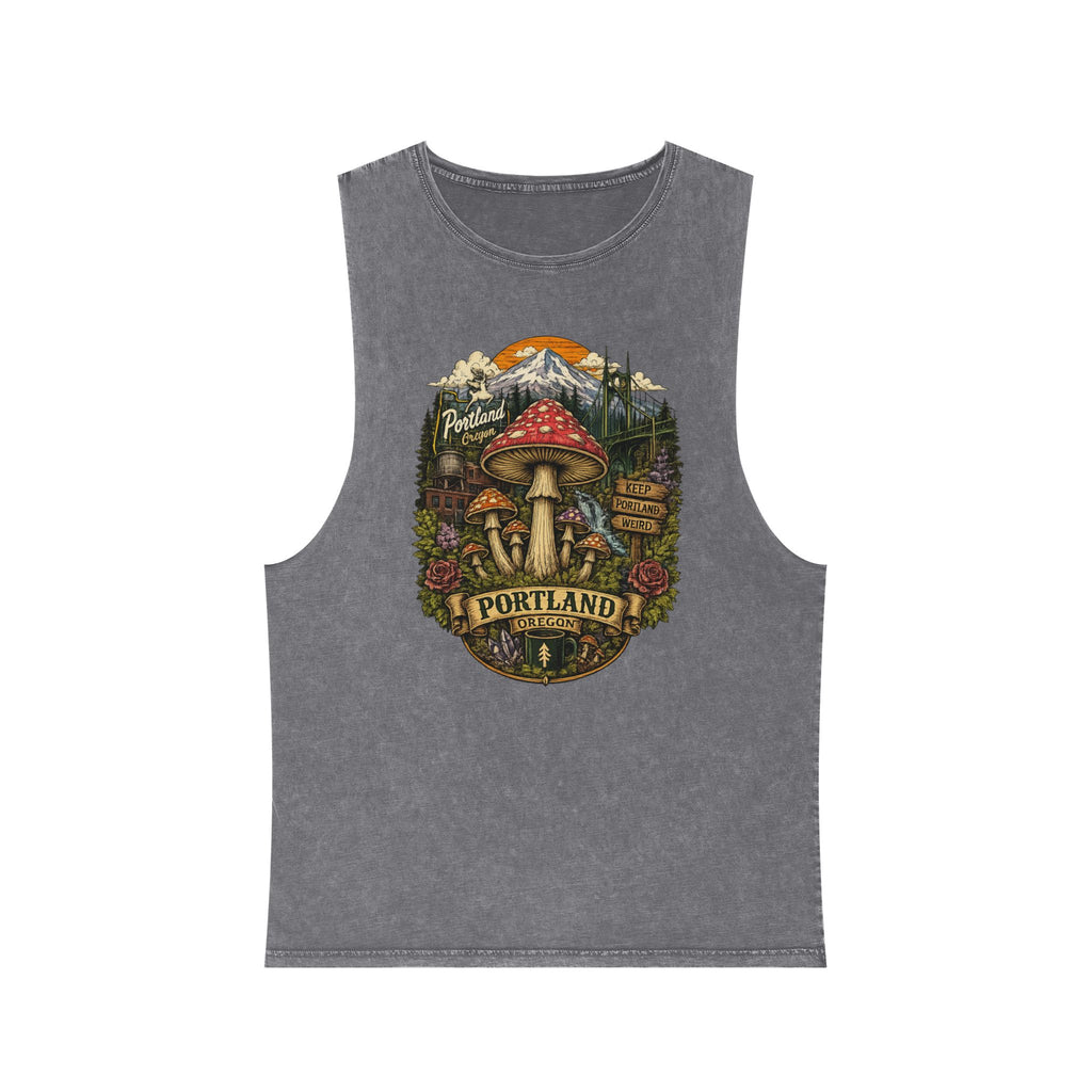 Portland Mushroom Graphic Tank — Stonewash Vintage Nature Tank Top