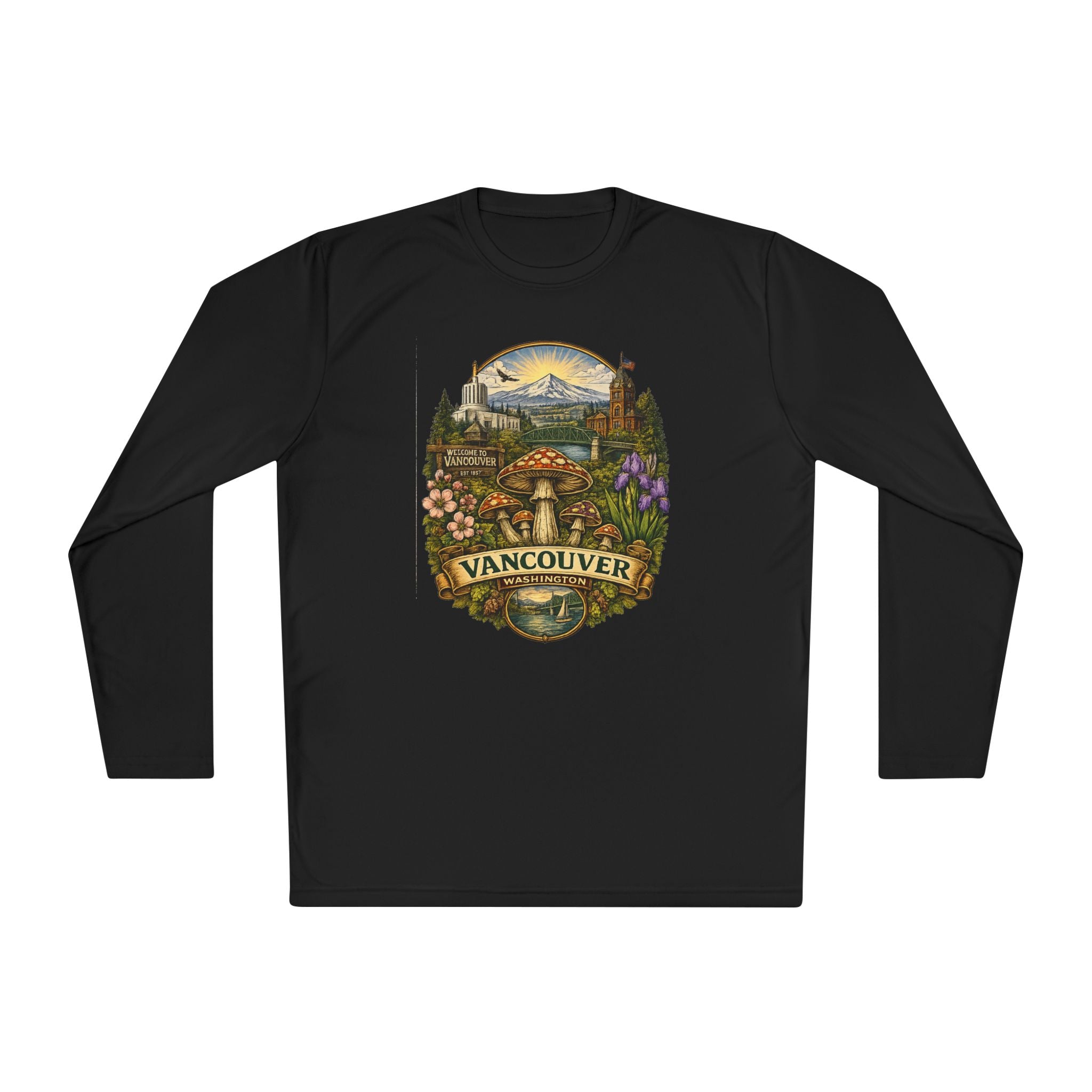 Vancouver Nature Long Sleeve Tee — Scenic Mountains & Mushroom Art