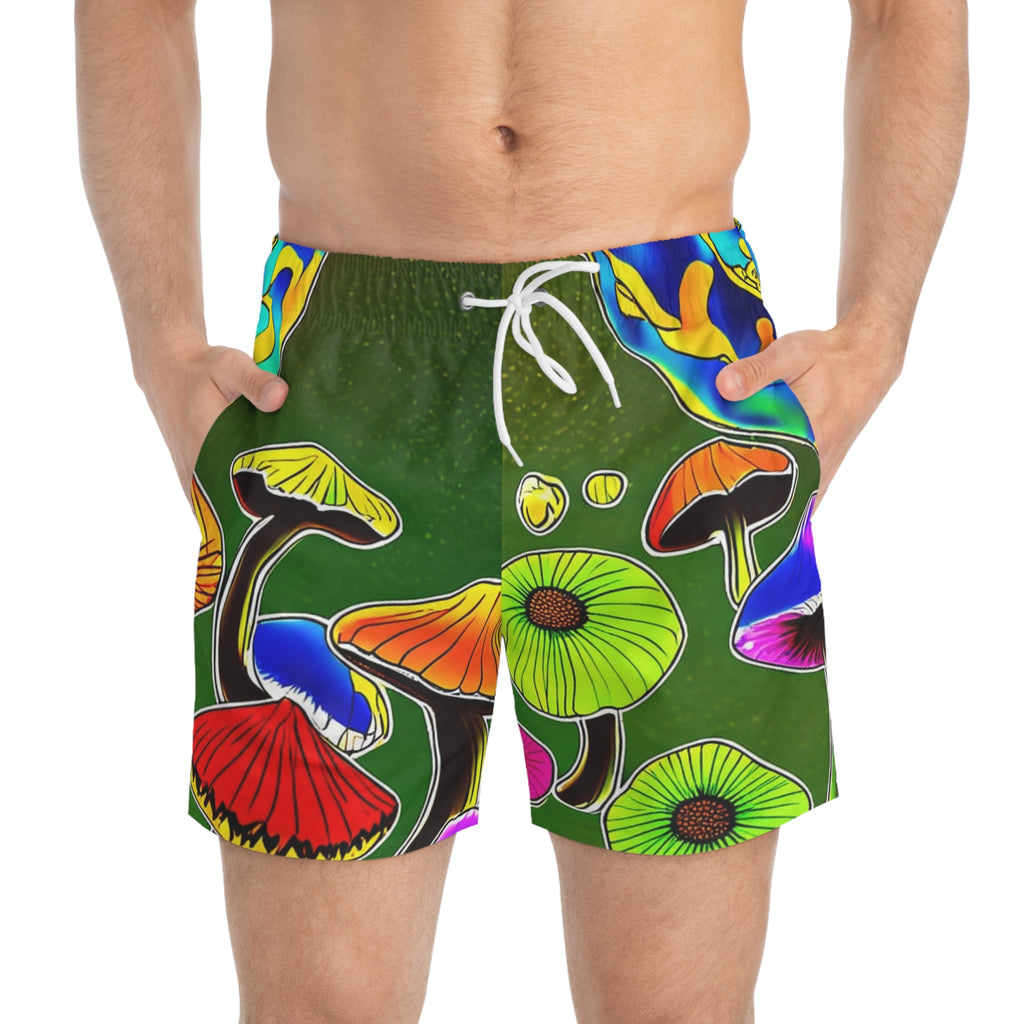 Psychedelic Mushroom Swim Trunks – Rainbow Fungi All-Over Print Beach Shorts