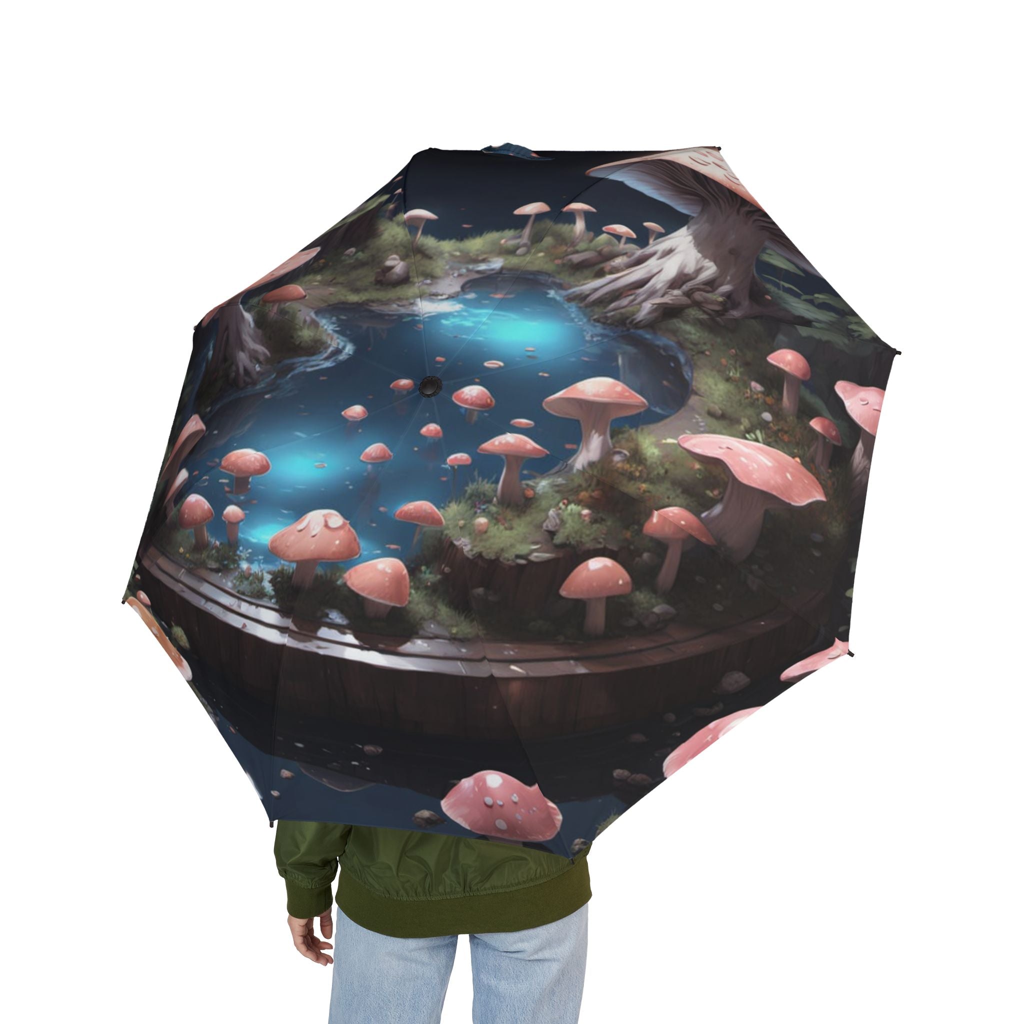Foldable Umbrella — Enchanted Mushroom Pond Design (Semi‑Automatic)