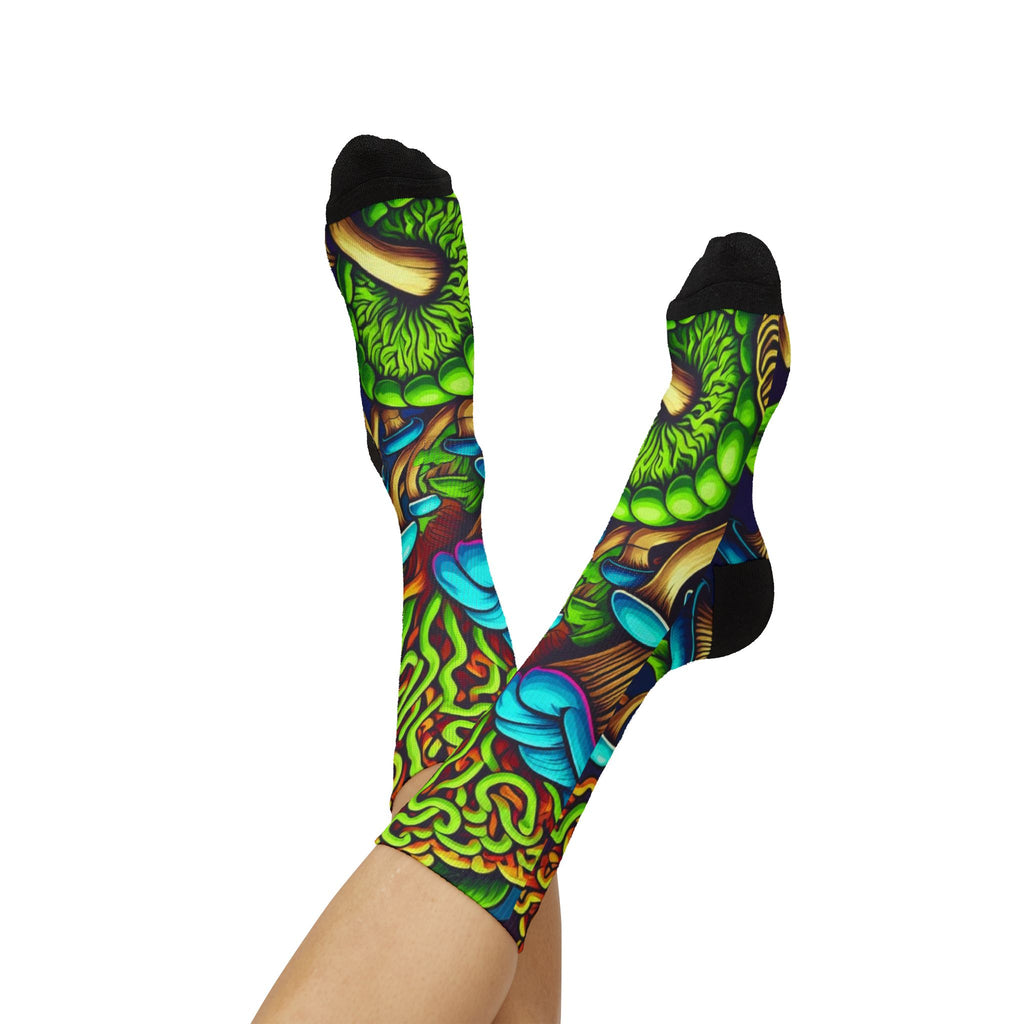 Socks: Psychedelic Mushroom Socks — Vibrant Green Fungi Sublimation Crew Socks