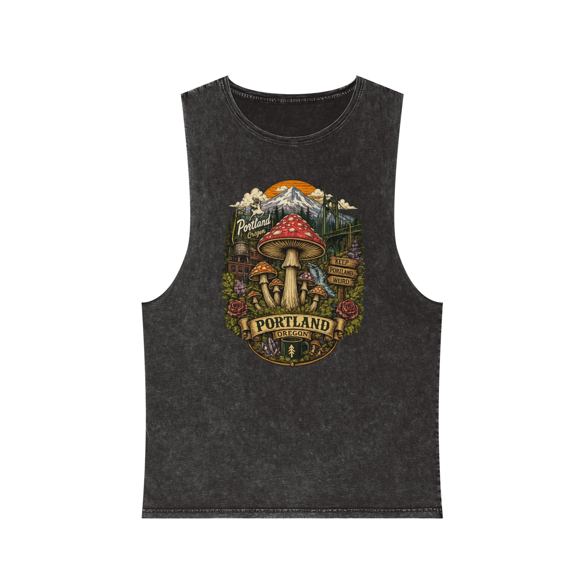 Portland Mushroom Graphic Tank — Stonewash Vintage Nature Tank Top