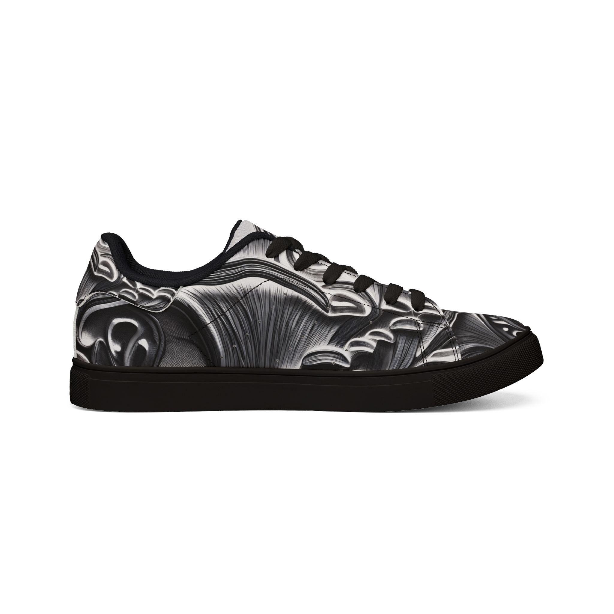 Men's Low-Top Leather Sneakers — Monochrome Abstract Swirl Design