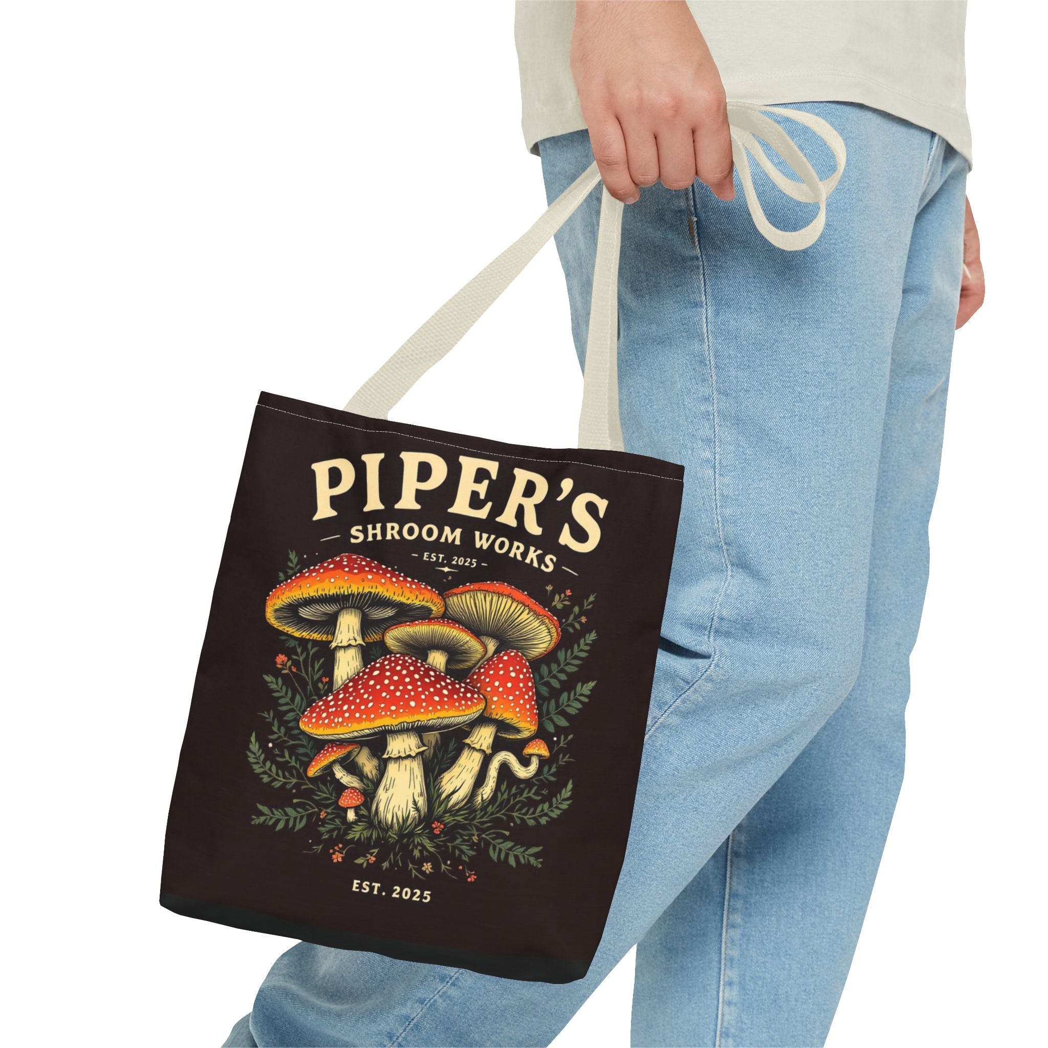 Mushroom Tote Bag — "Piper's Shroom Works" Vintage Fungi Market Shopper