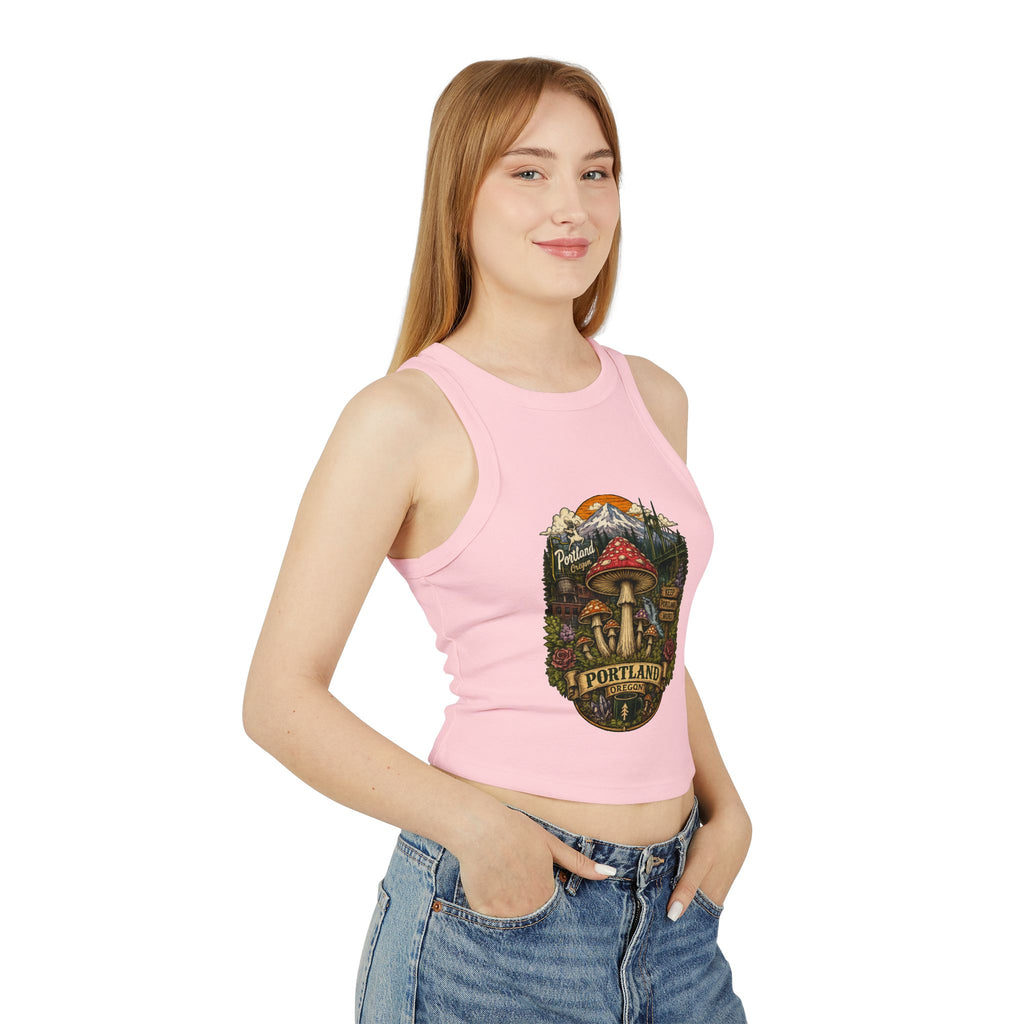 Portland Mushroom Graphic Tank — Women's Crop Racerback Tank Top