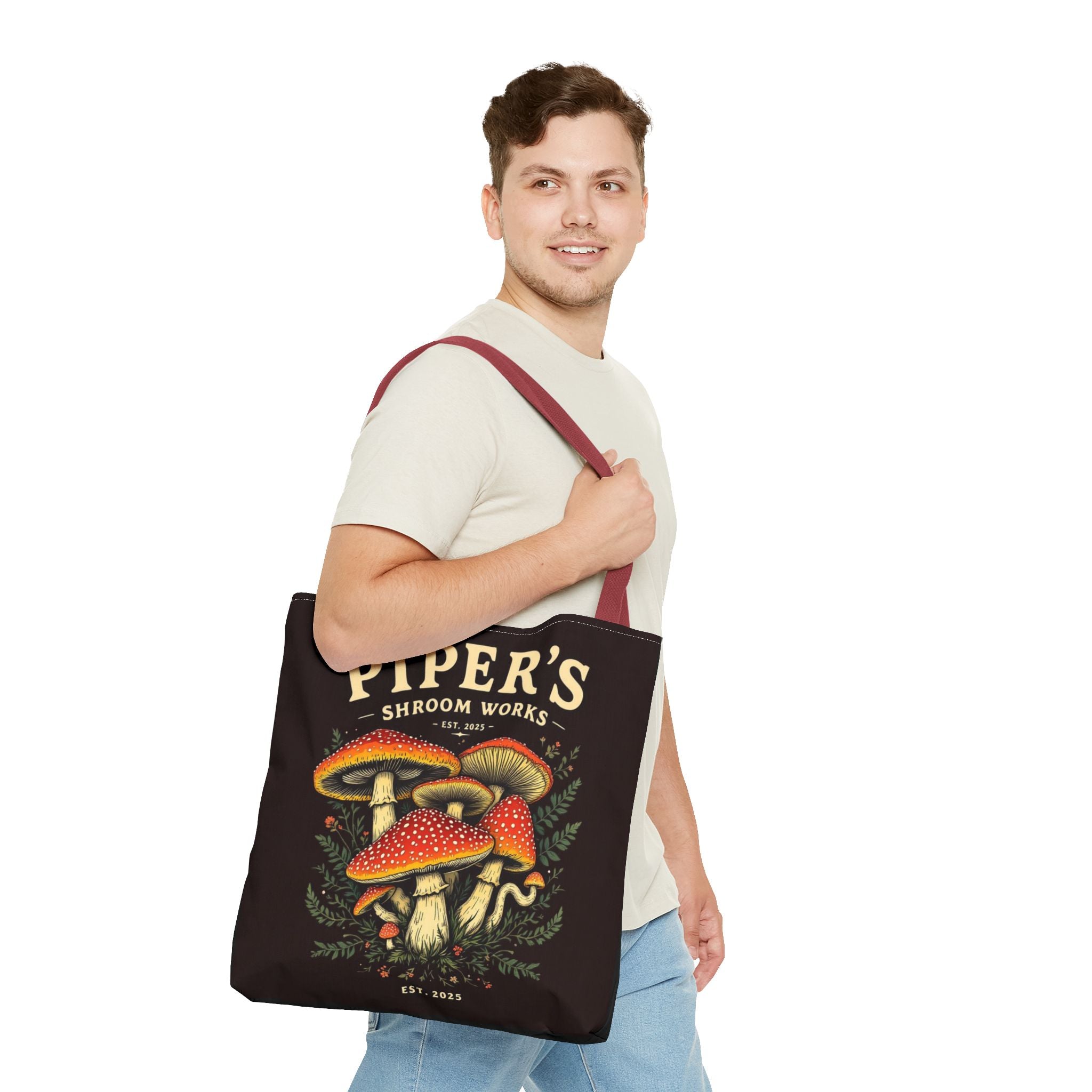 Mushroom Tote Bag — "Piper's Shroom Works" Vintage Fungi Market Shopper