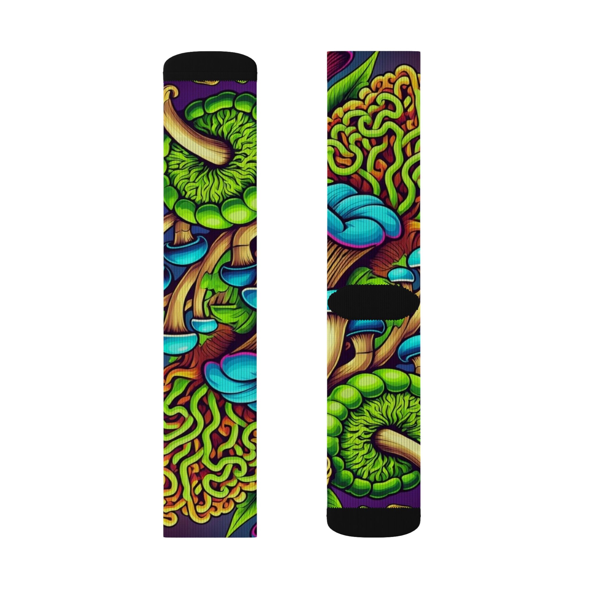 Socks: Psychedelic Mushroom Socks — Vibrant Green Fungi Sublimation Crew Socks
