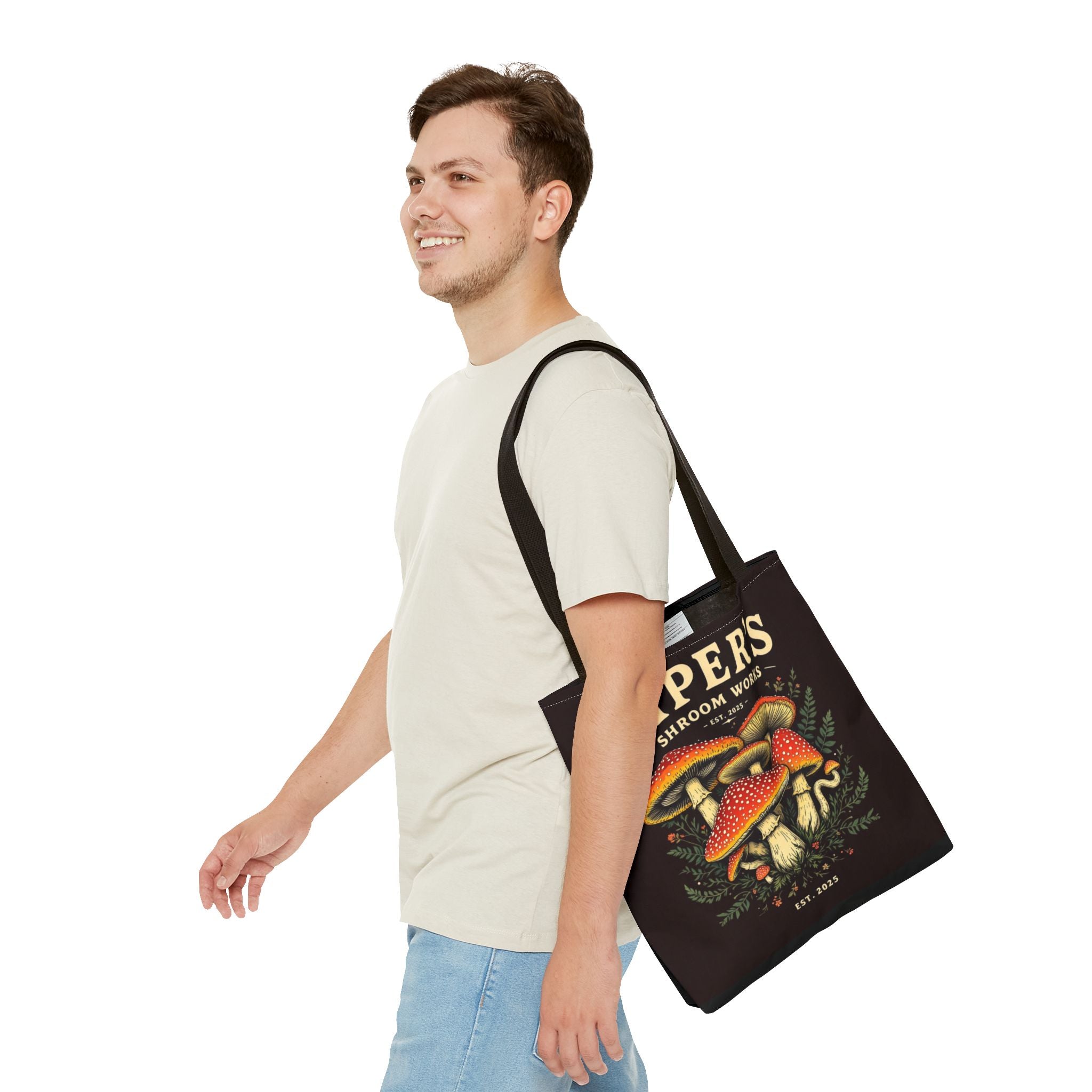 Mushroom Tote Bag — "Piper's Shroom Works" Vintage Fungi Market Shopper