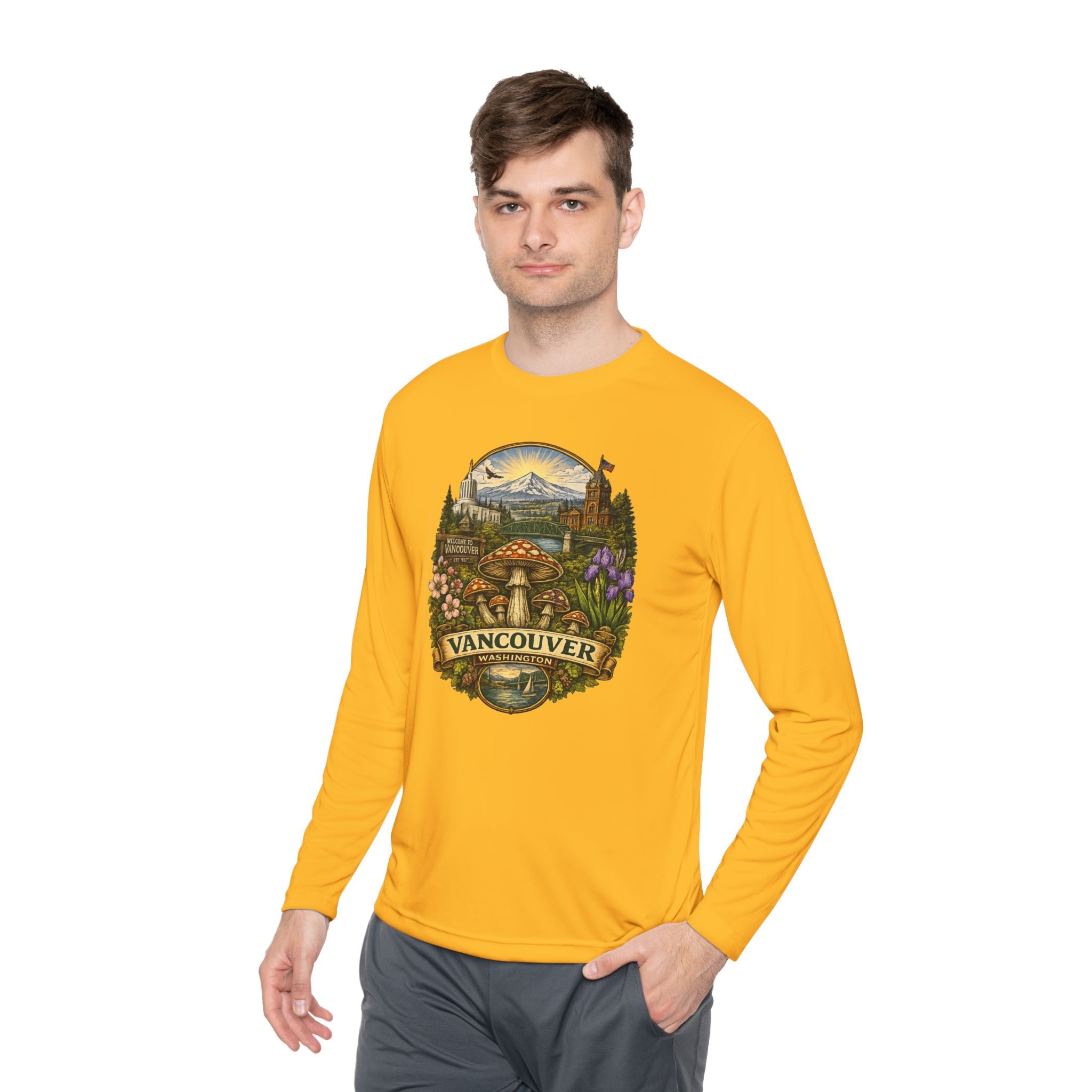 Vancouver Nature Long Sleeve Tee — Scenic Mountains & Mushroom Art