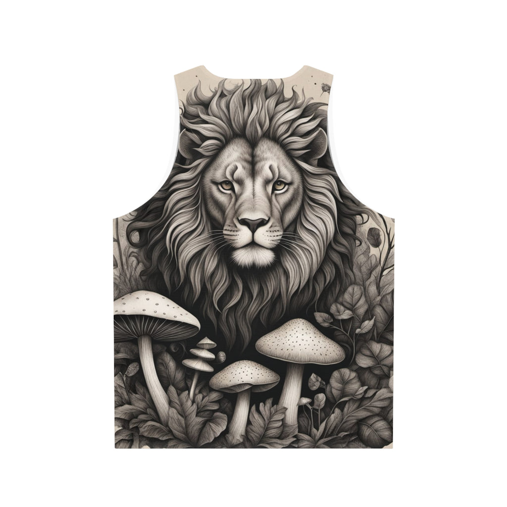 Camiseta sin mangas con estampado integral de león y setas — Vibras de bosque majestuoso monocromático
