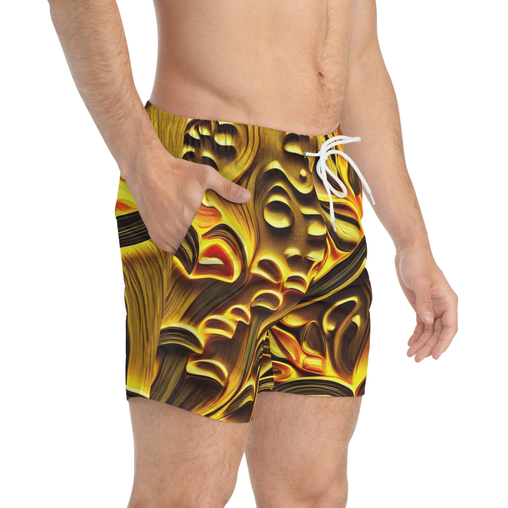 Golden Swirl Swim Trunks — Abstract Tropical AOP Beach Shorts