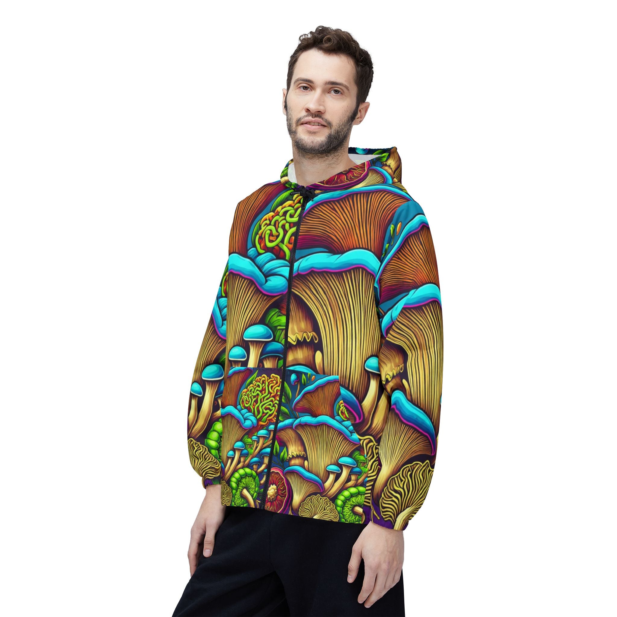 Psychedelic Mushroom Print Windbreaker Jacket — Vibrant All-Over Fungi Design