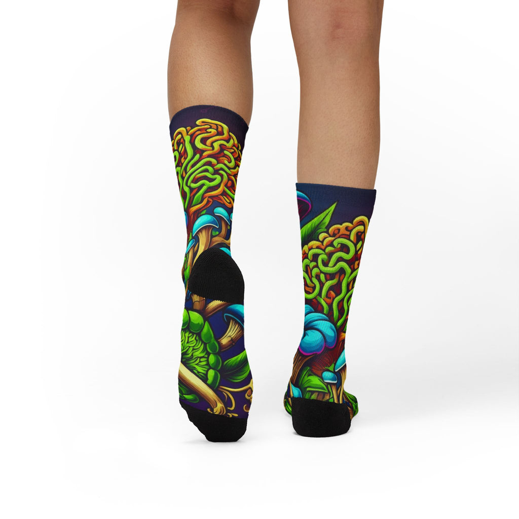 Socks: Psychedelic Mushroom Socks — Vibrant Green Fungi Sublimation Crew Socks