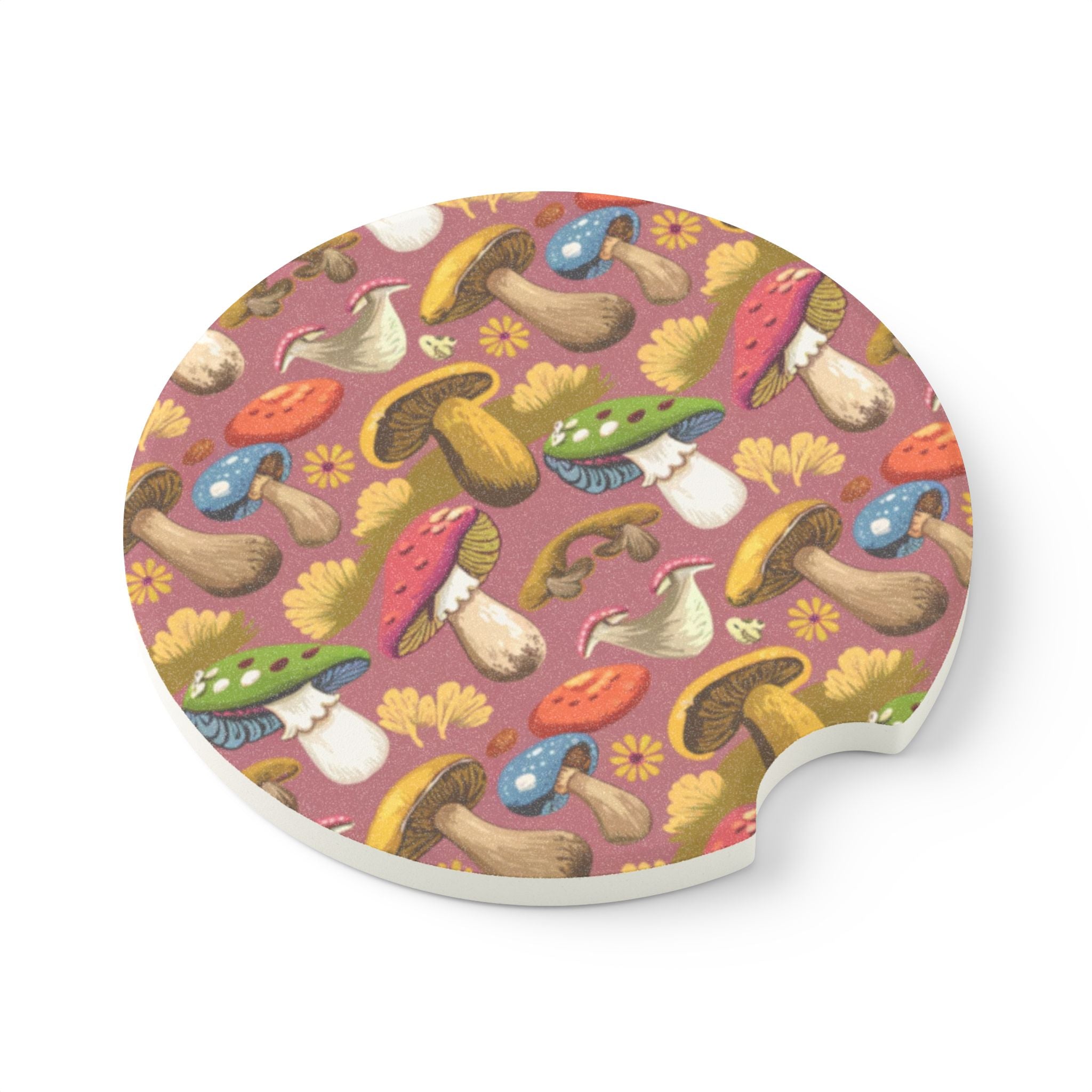 Mushroom Pattern Soapstone Car Coaster — Colorful Woodland Mushroom Cup Holder Insert