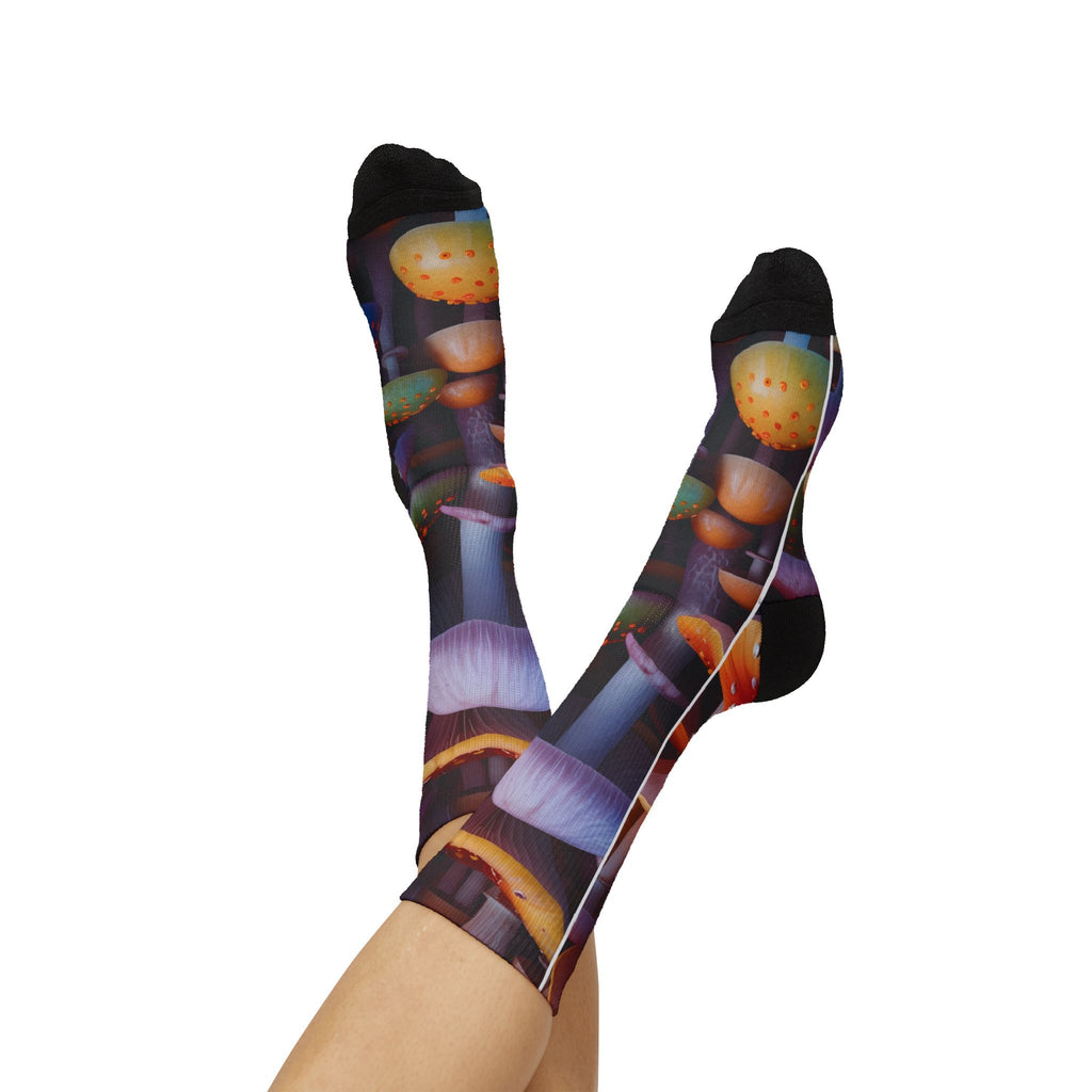 Socks: Mushroom Forest Sublimation Socks — Colorful Psychedelic Fungi Crew Socks