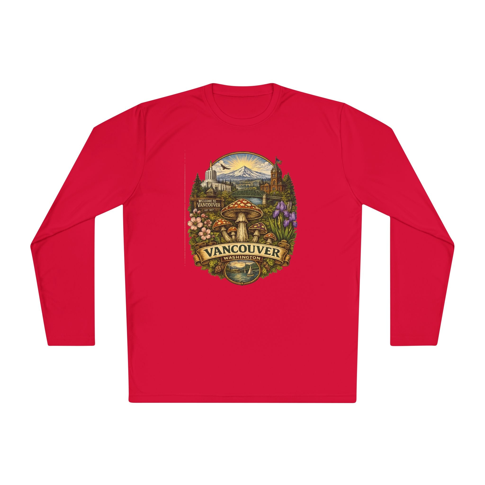 Vancouver Nature Long Sleeve Tee — Scenic Mountains & Mushroom Art