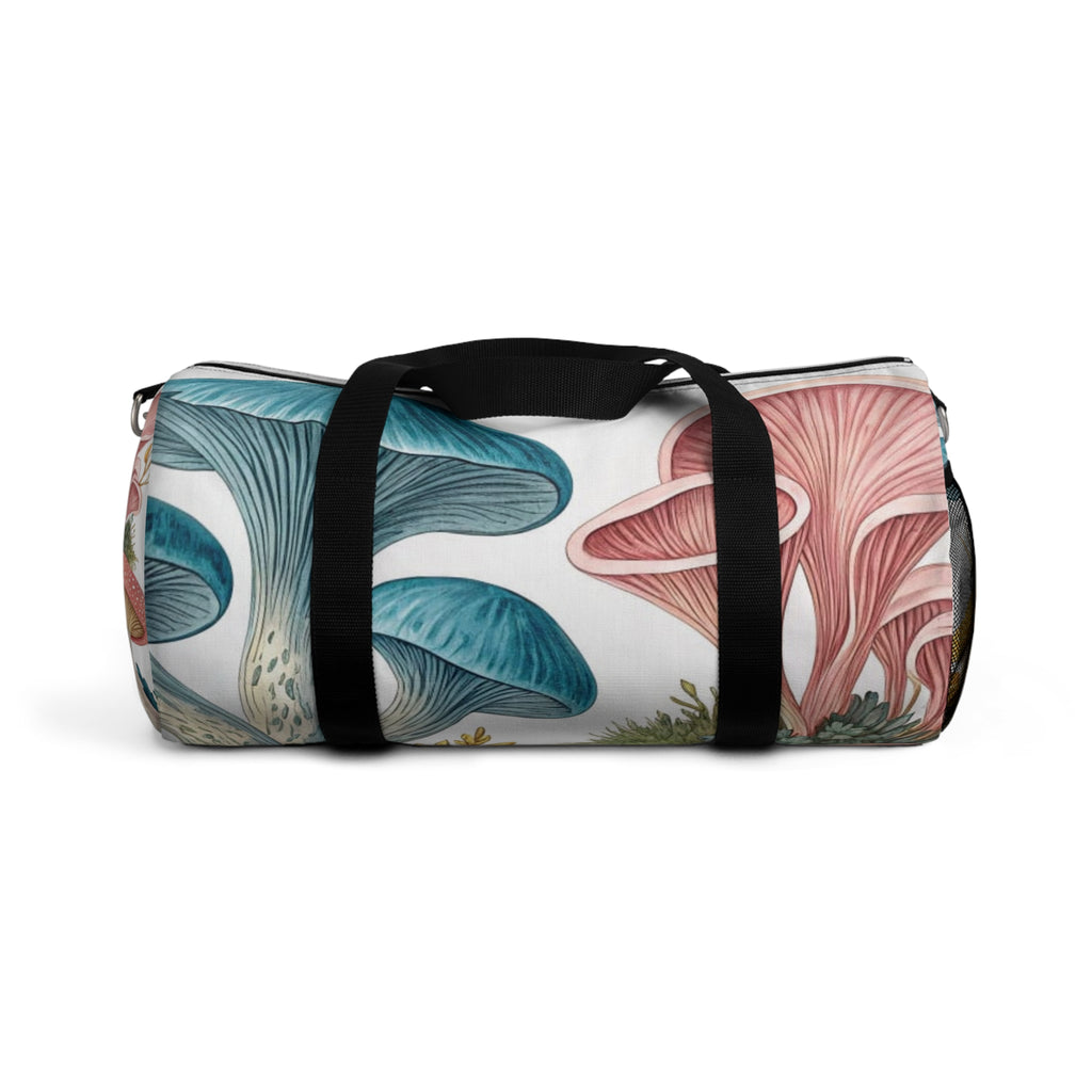 Mushroom Garden Duffel Bag — Botanical Blue & Pink Fungi Travel Bag