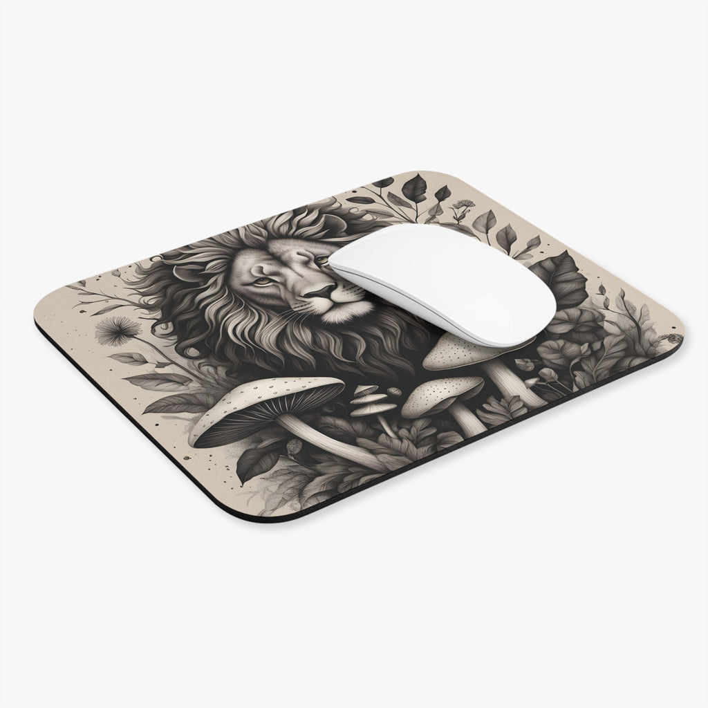 Mouse Pad: Lion & Mushrooms Mouse Pad — Monochrome Botanical Desk Mat