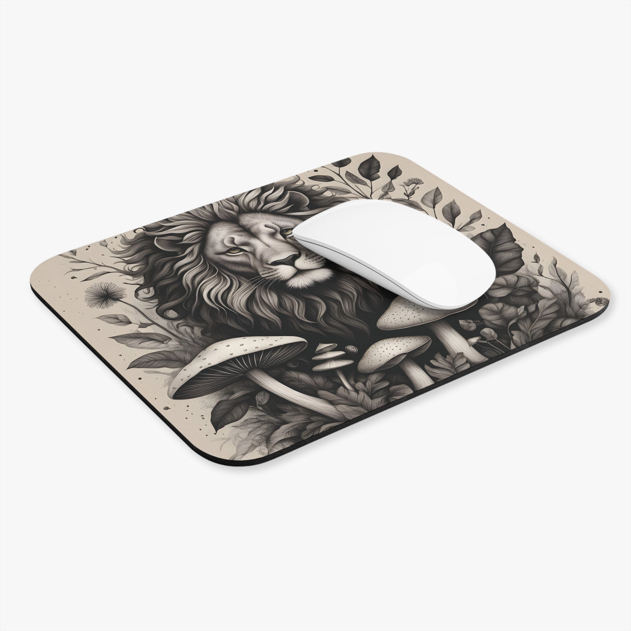 Mouse Pad: Lion & Mushrooms Mouse Pad — Monochrome Botanical Desk Mat