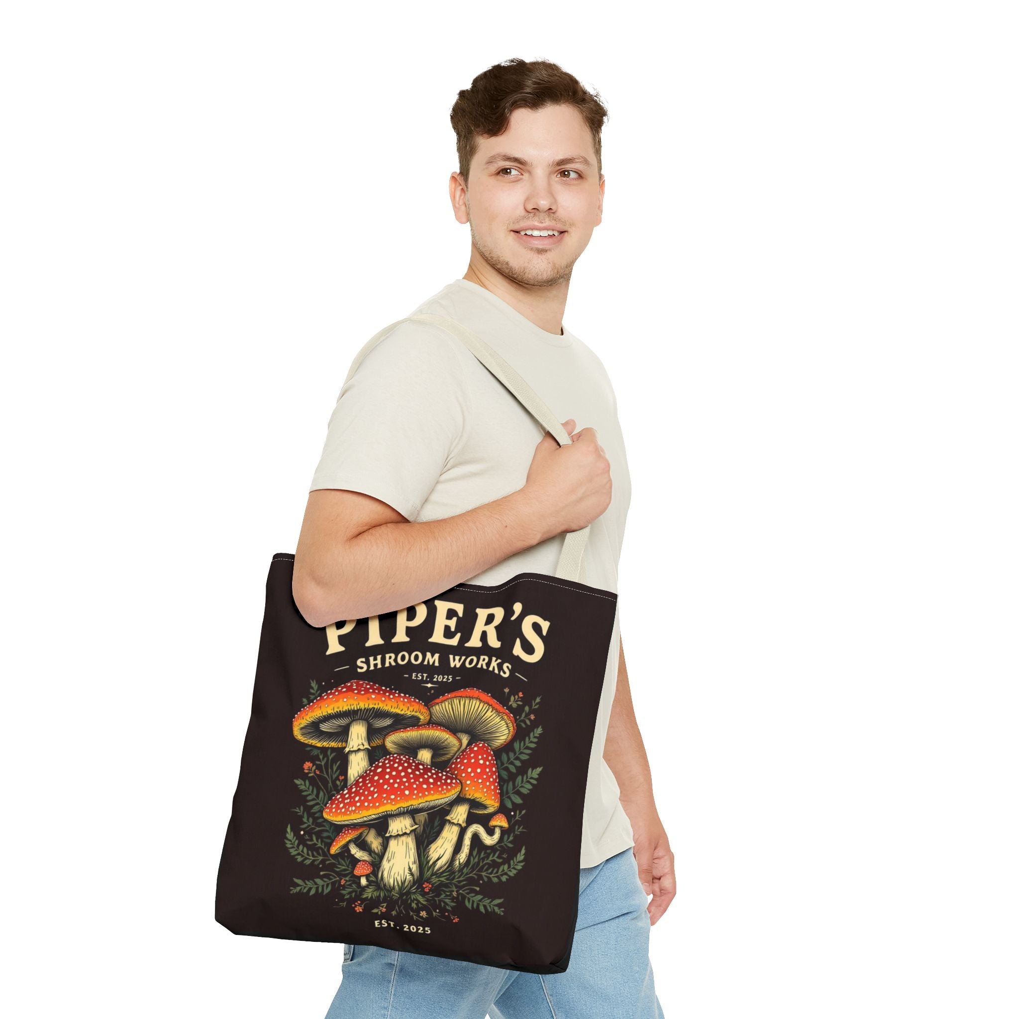 Mushroom Tote Bag — "Piper's Shroom Works" Vintage Fungi Market Shopper