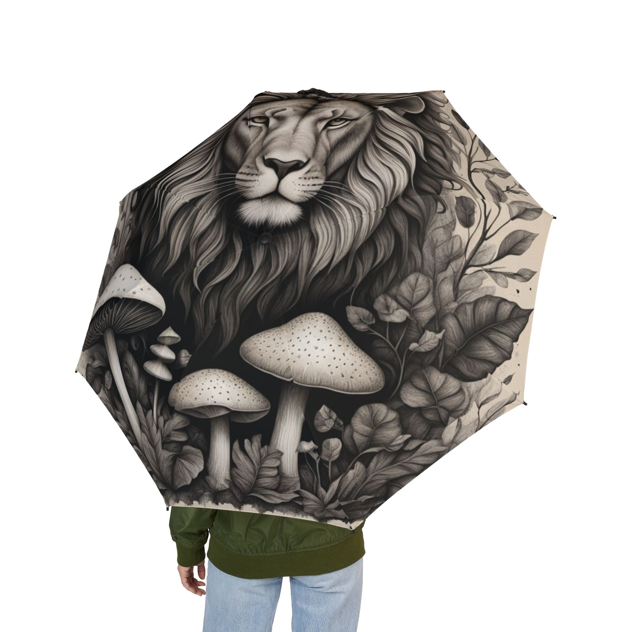Lion & Mushrooms Foldable Umbrella — Semi-Automatic Travel Umbrella