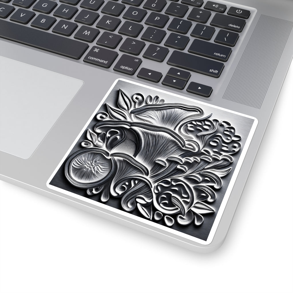 Metallic Botanical Square Sticker — Embossed Floral Mushroom Design