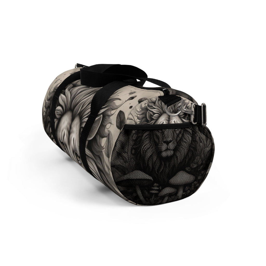 Carry Courage. Roam Wild Lion Heart Myco Duffel featuring custom design mushroom print and a striking grayscale lion.