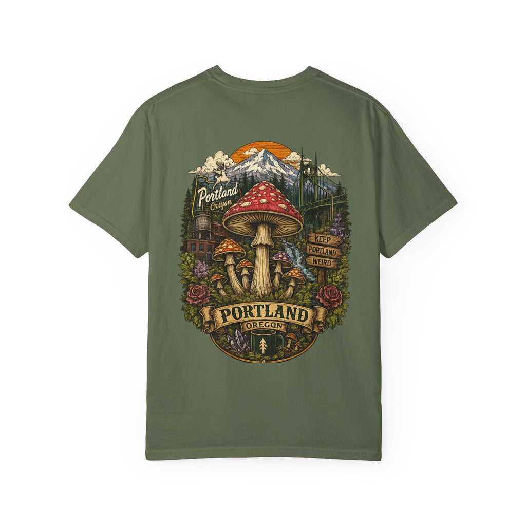 City: Portland Mushroom Graphic T-Shirt — Vintage Forest Amanita Design
