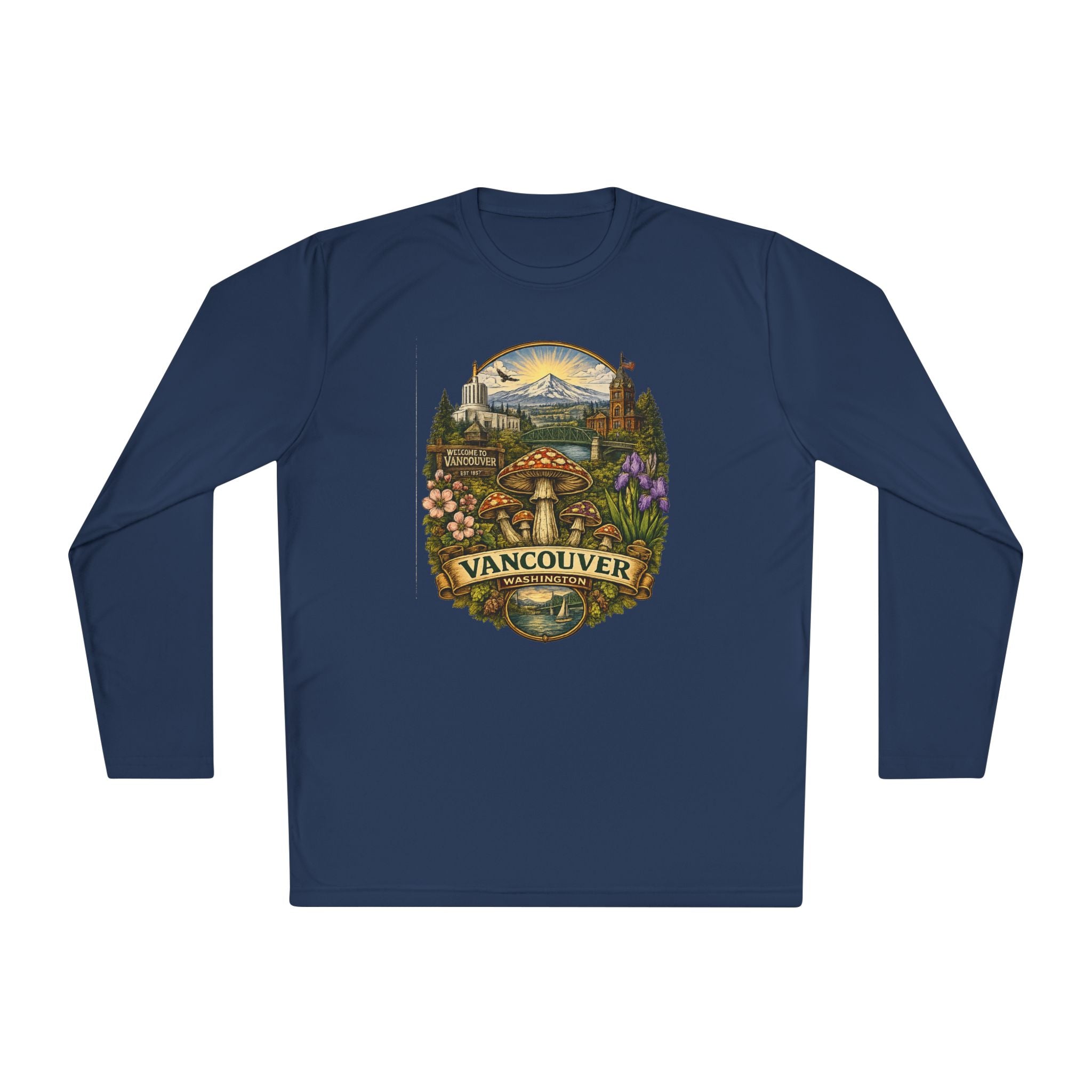 Vancouver Nature Long Sleeve Tee — Scenic Mountains & Mushroom Art