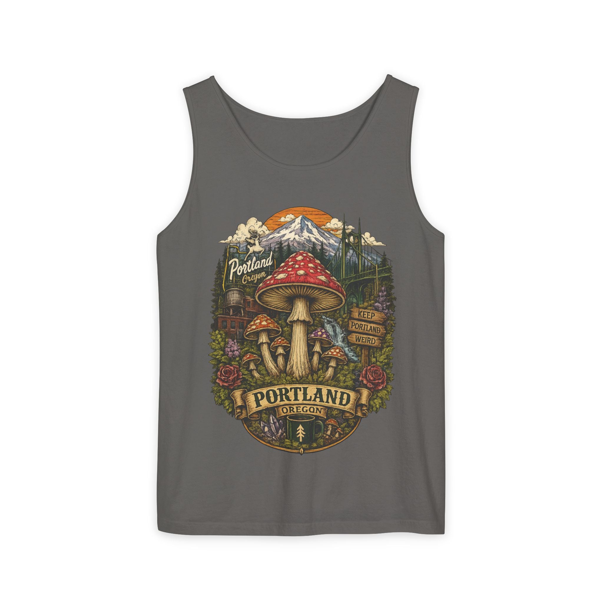 City: Portland Mushroom Tank Top — Vintage Forest Travel Graphic