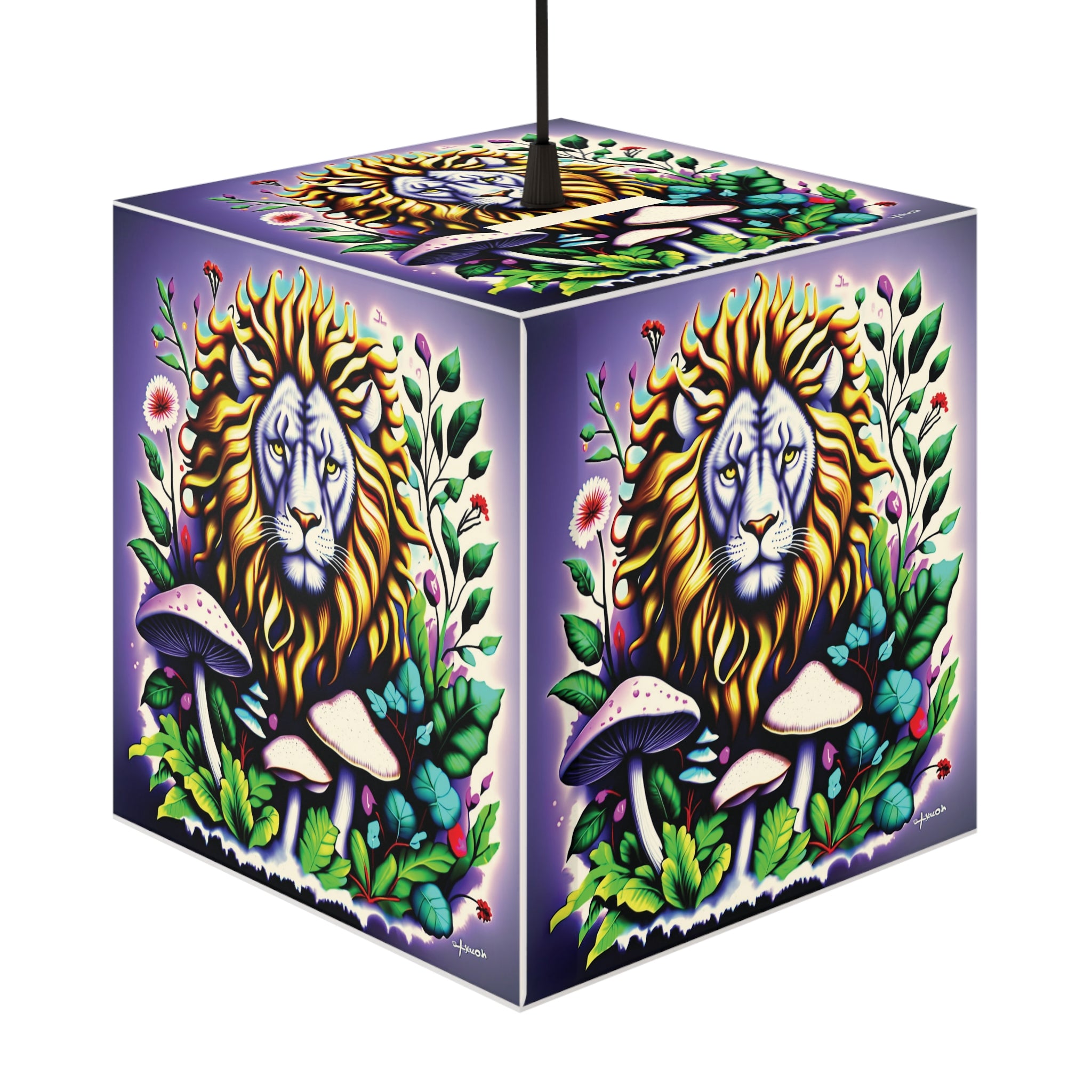 Lion & Mushroom Garden Light Cube Lamp – Botanical Night Light for Home Decor