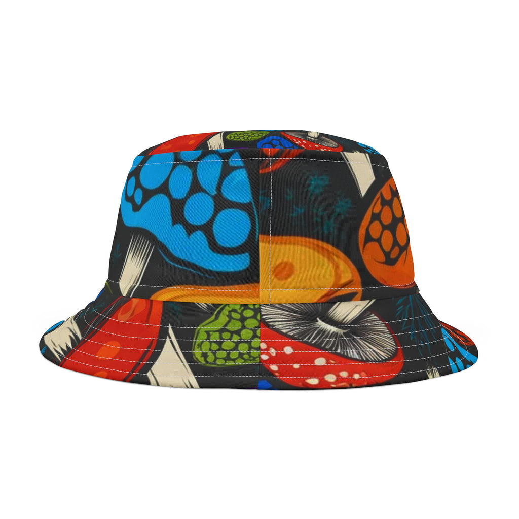 Psychedelic Mushroom Pattern Bucket Hat — Colorful Retro Fungi Print