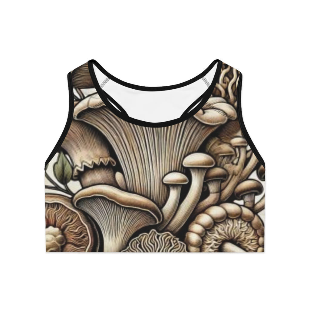 Sujetador deportivo "Bosque de setas" - Ropa deportiva con estampado integral de hongos botánicos