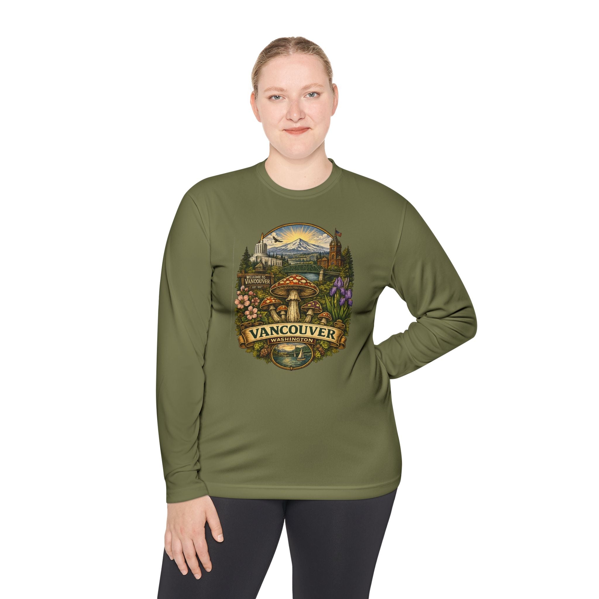 Vancouver Nature Long Sleeve Tee — Scenic Mountains & Mushroom Art