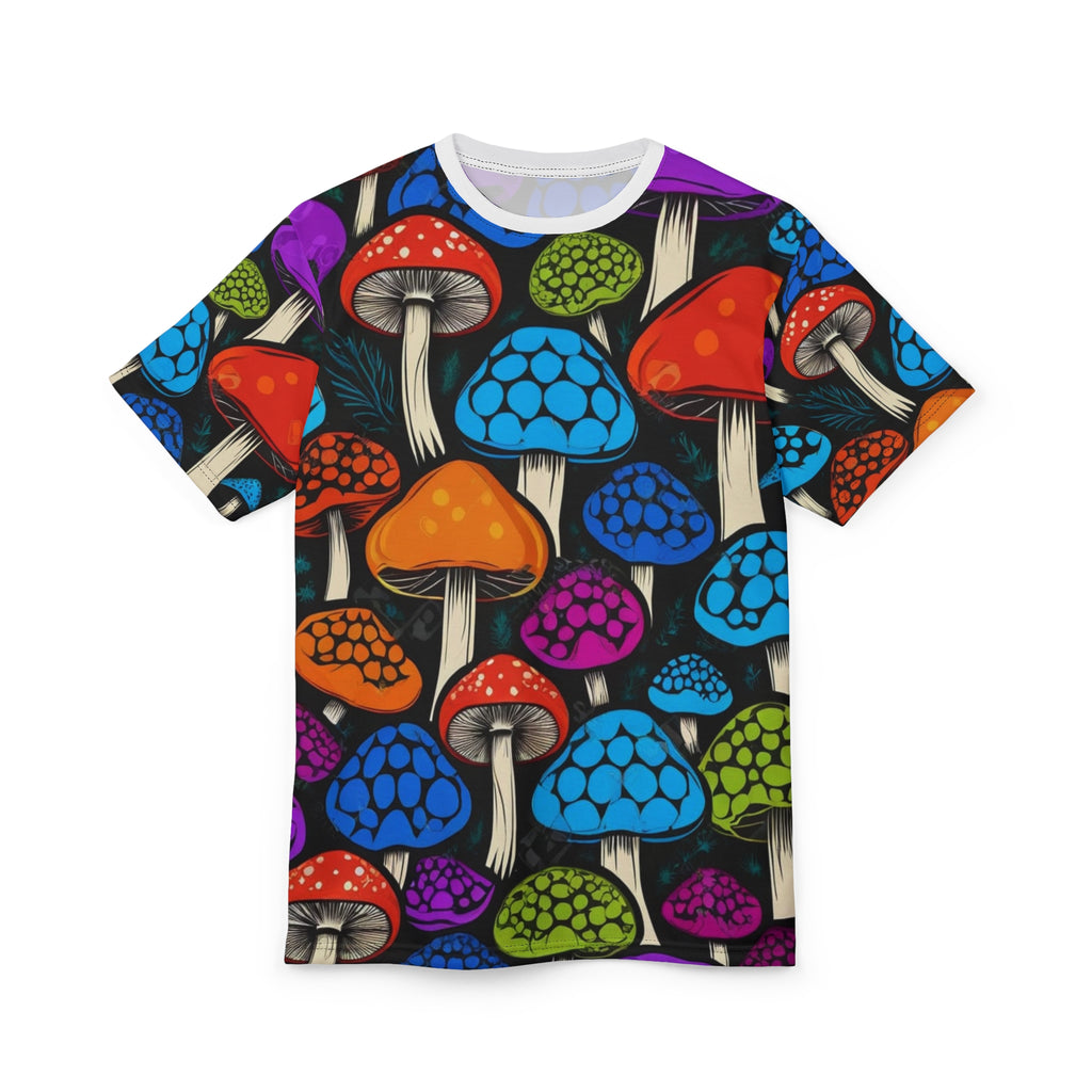 Psychedelic Mushroom All-Over Print Tee — Colorful Trippy Fungi Graphic Shirt