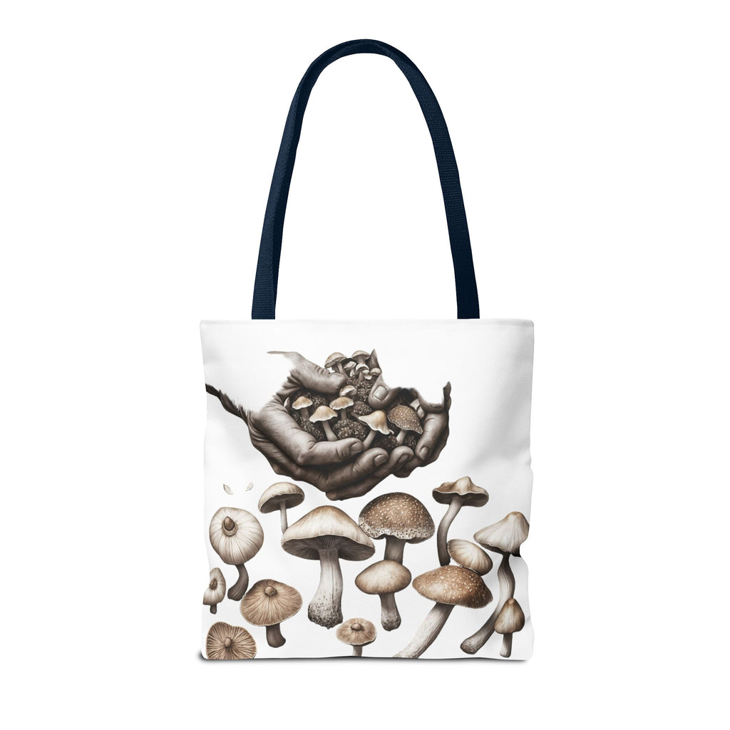 Mushroom Garden Tote Bag — Hand-Held Fungi Illustration All-Over Print