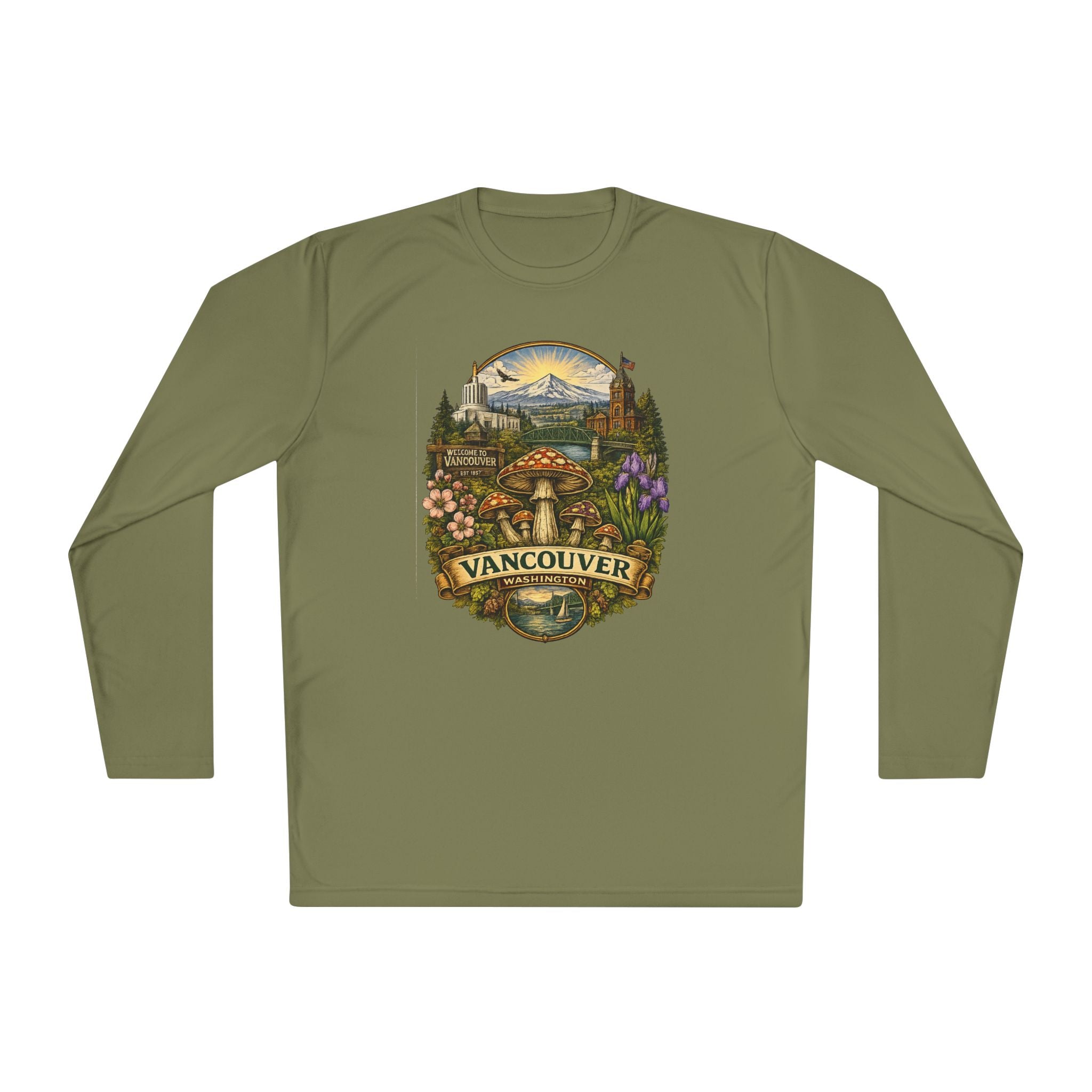 Vancouver Nature Long Sleeve Tee — Scenic Mountains & Mushroom Art