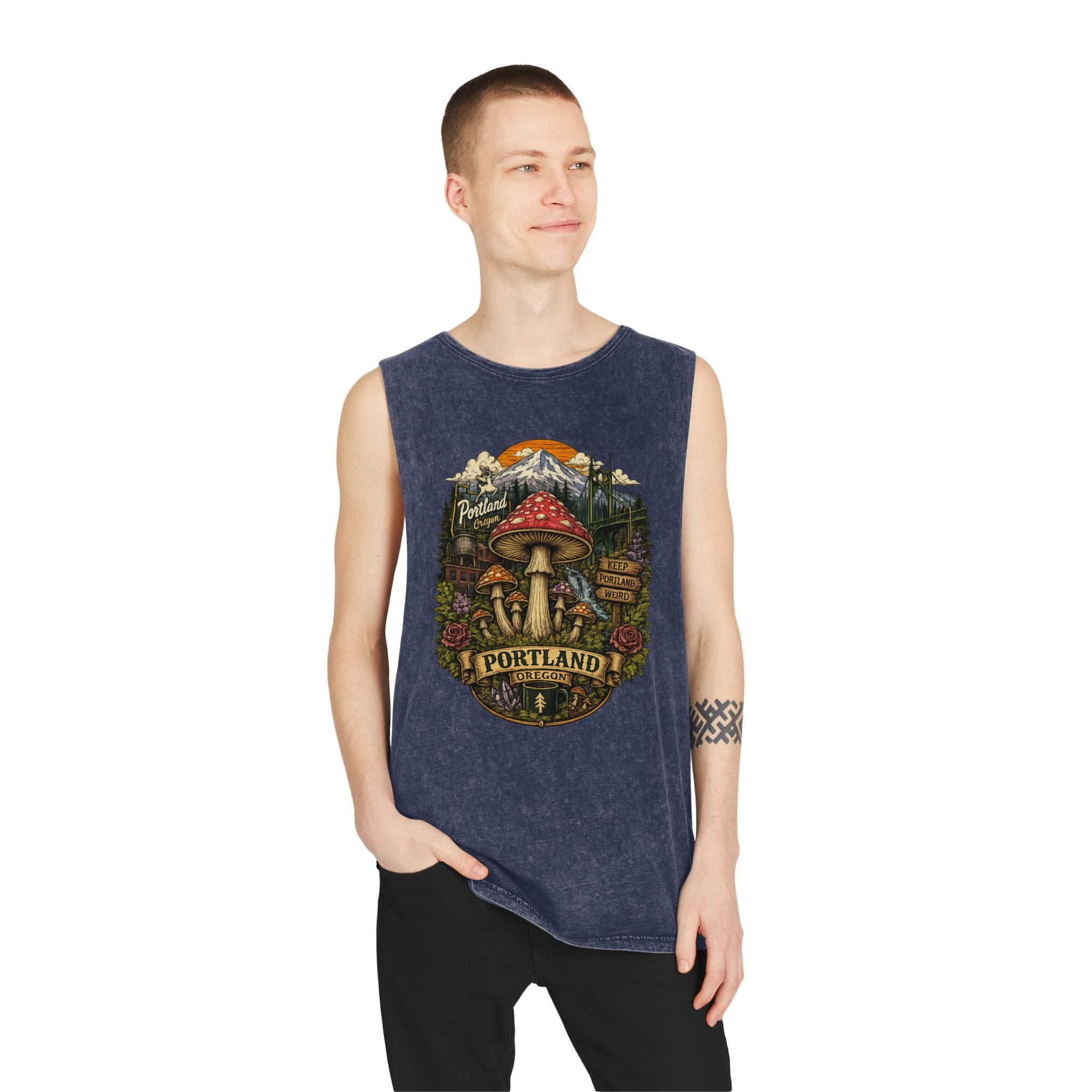Portland Mushroom Graphic Tank — Stonewash Vintage Nature Tank Top