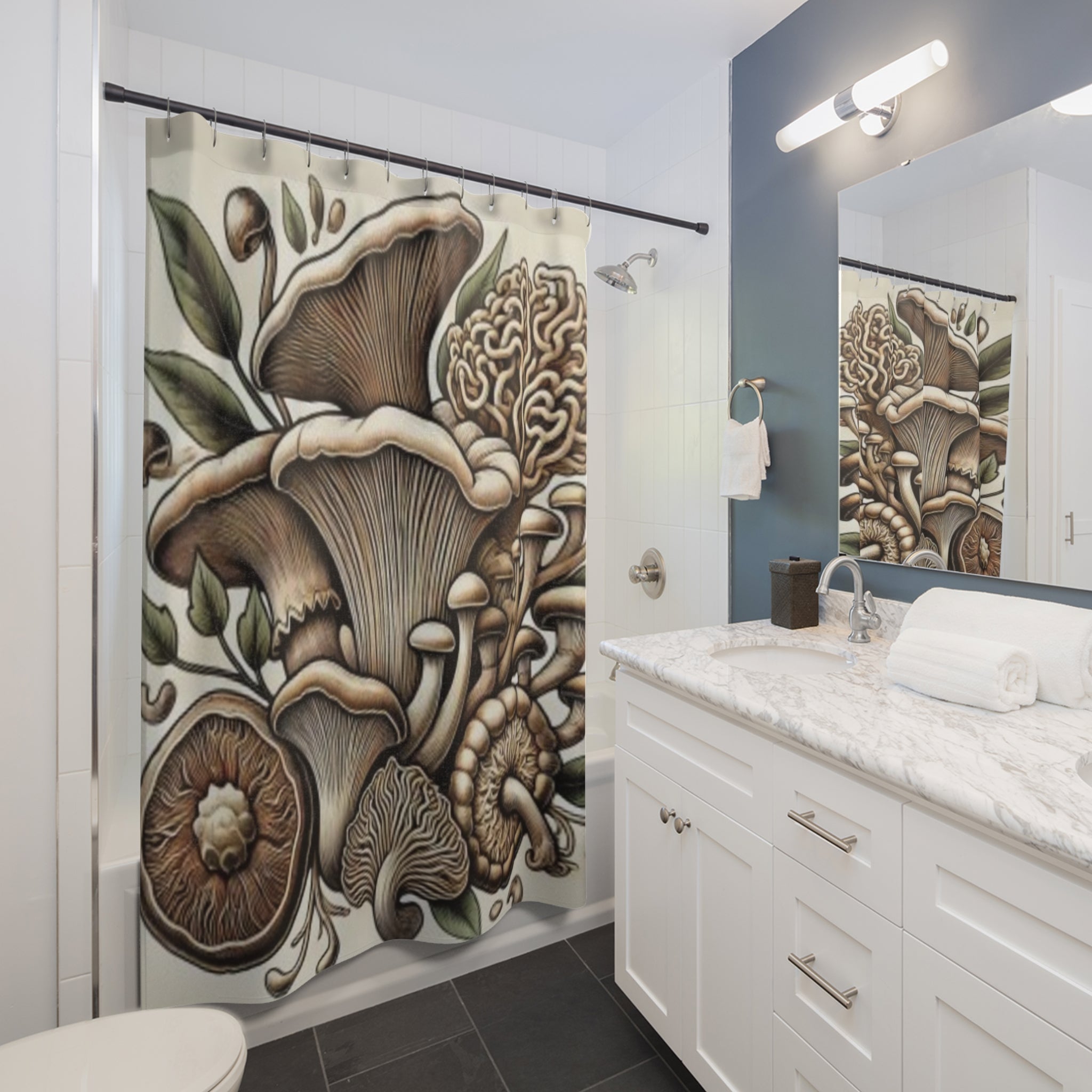 Mushroom Garden Shower Curtain — Botanical Fungi Illustration Bathroom Decor