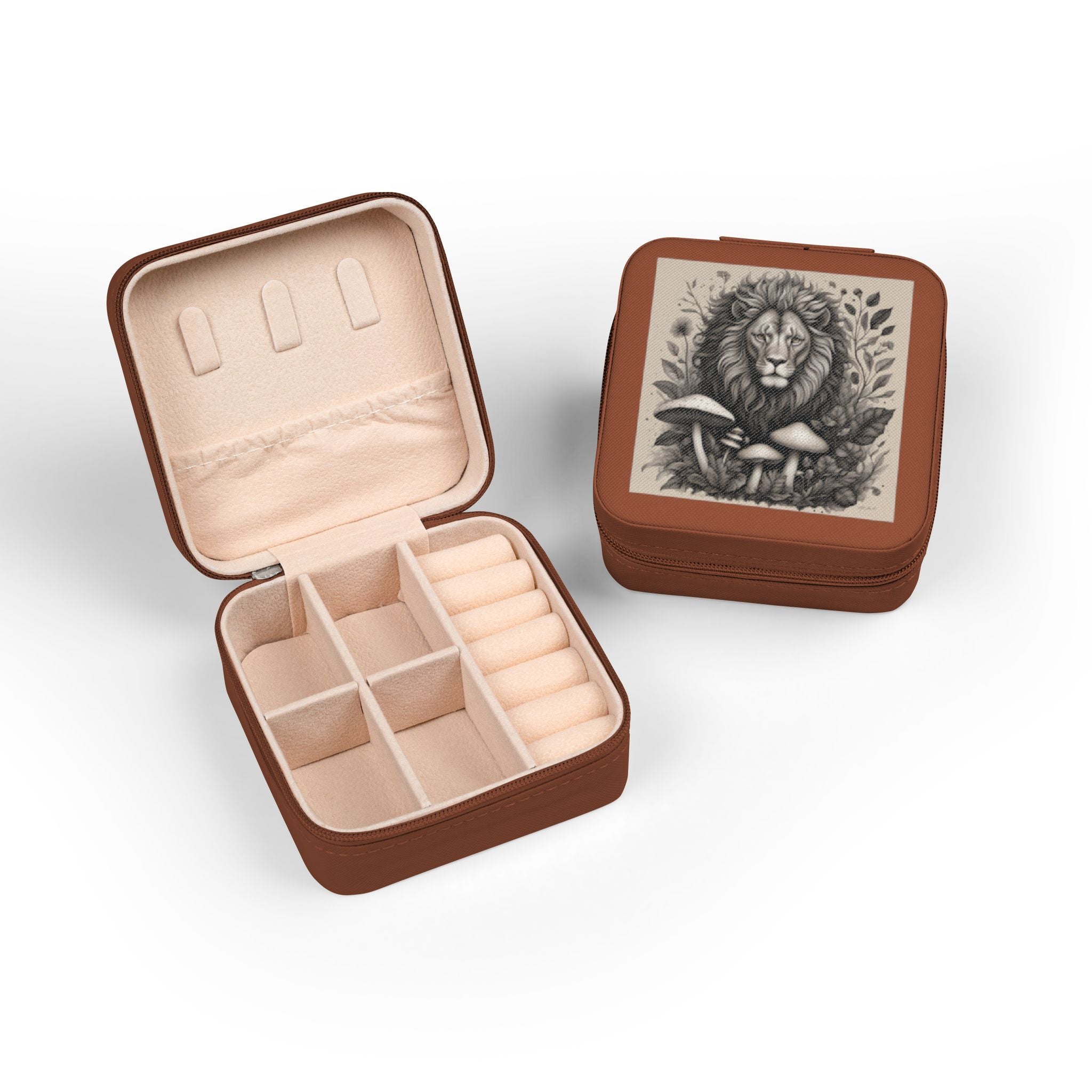 Lion & Mushrooms Jewelry Travel Case — Compact Organizer for Rings, Earrings & Necklaces