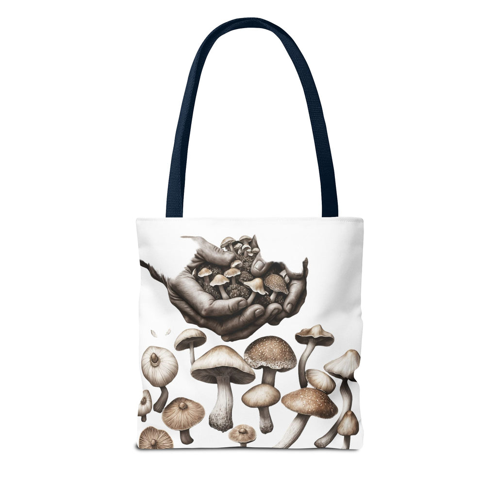Mushroom Garden Tote Bag — Hand-Held Fungi Illustration All-Over Print