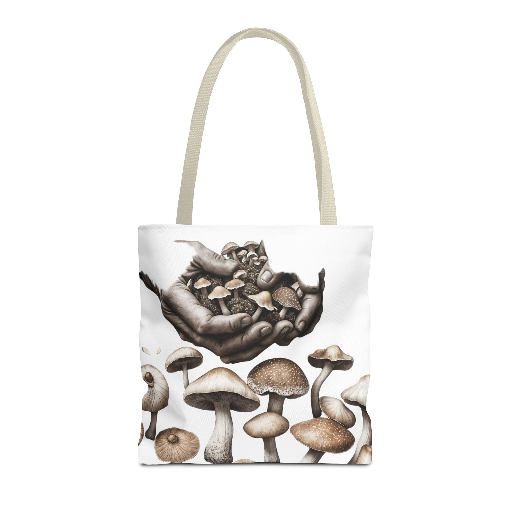 Mushroom Garden Tote Bag — Hand-Held Fungi Illustration All-Over Print