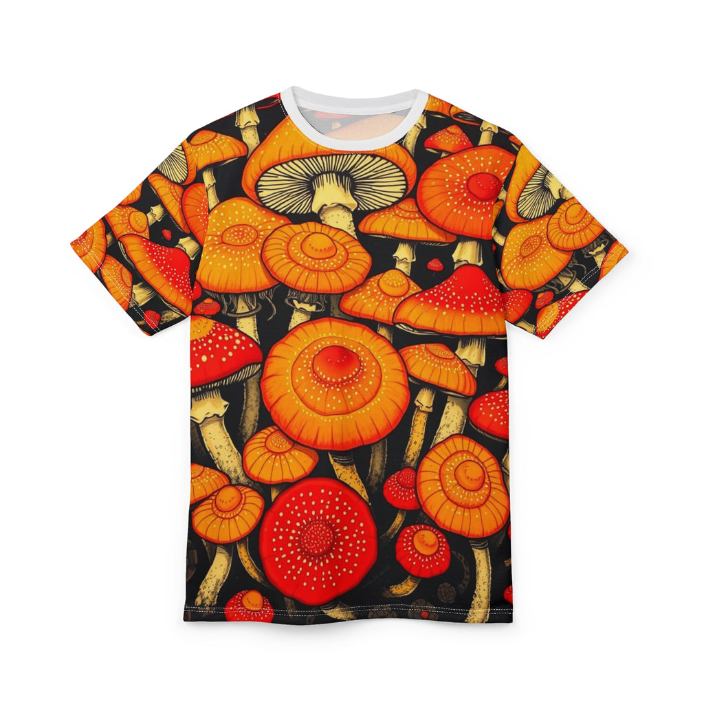 Camiseta con estampado completo de hongos psicodélicos anaranjados
