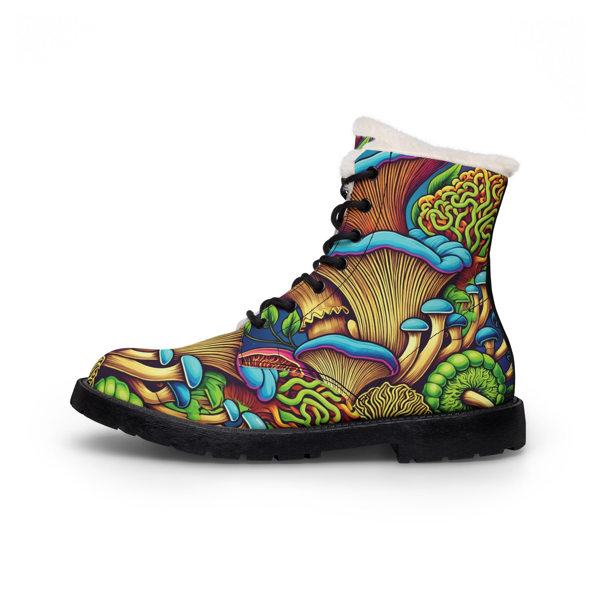 Women's Fur-Lined Leather Boots — Colorful Psychedelic Mushroom Print