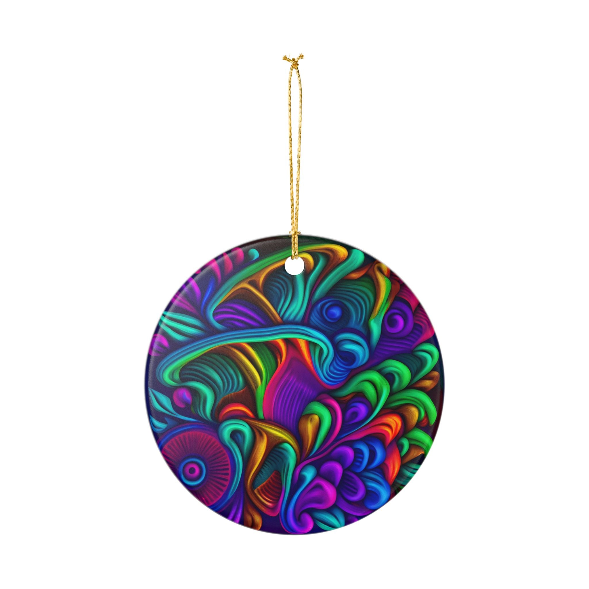 Ceramic Ornament: Heart Ceramic Ornament — Vibrant Abstract Rainbow Swirl Decoration