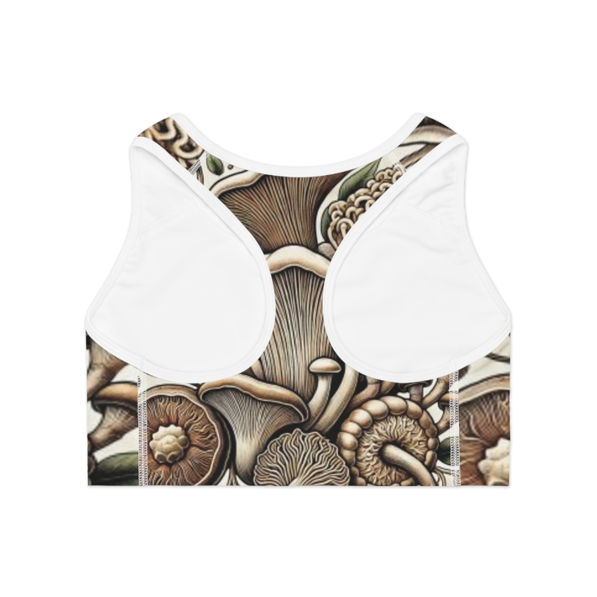 Mushroom Forest Sports Bra – Botanical Fungi All-Over-Print Activewear