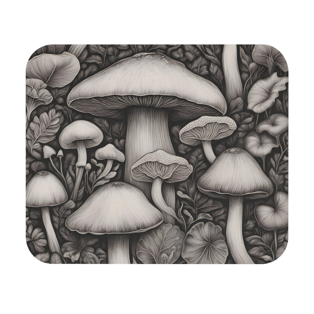 Mouse Pad: Monochrome Mushroom Garden Mouse Pad — Botanical Desk Accessory
