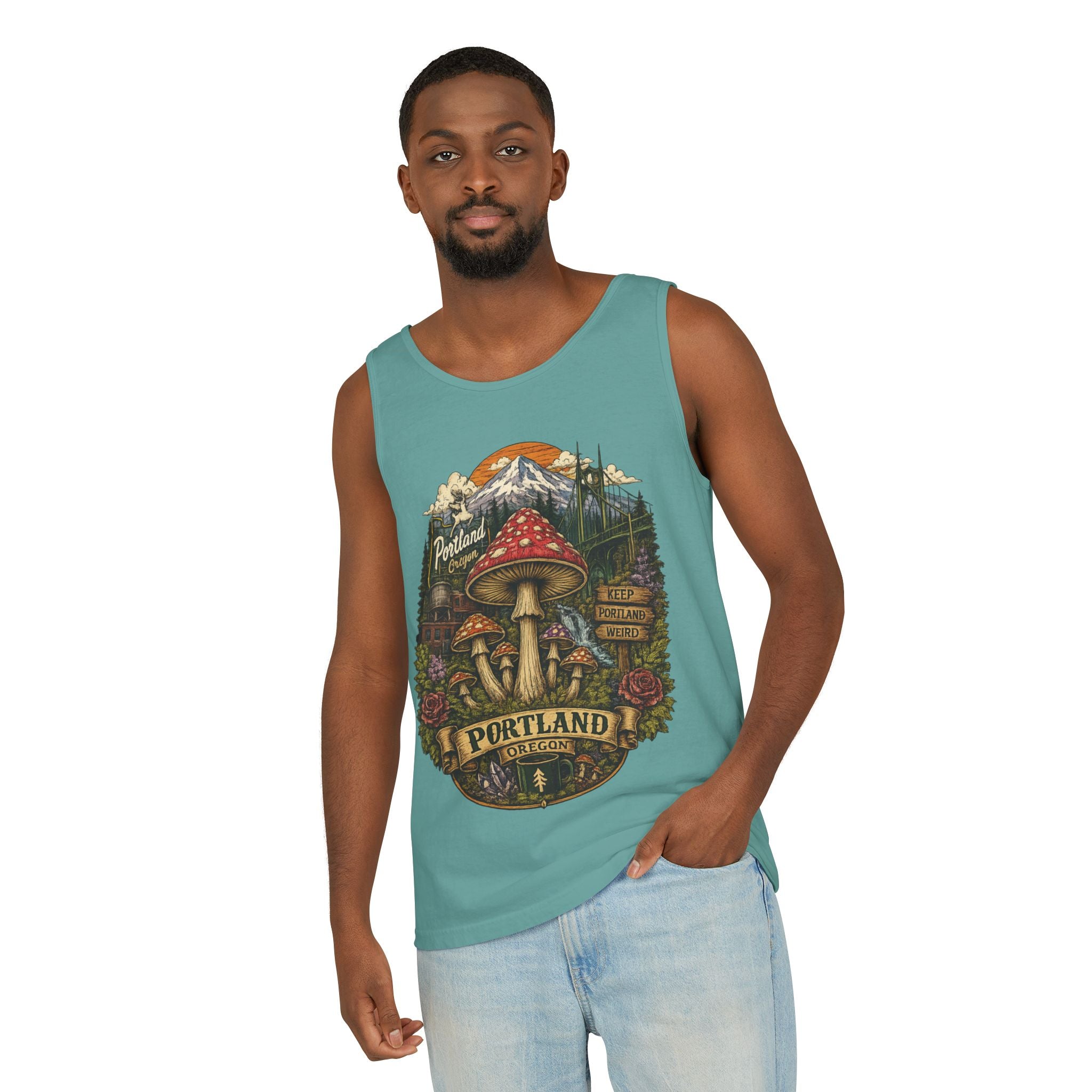 City: Portland Mushroom Tank Top — Vintage Forest Travel Graphic