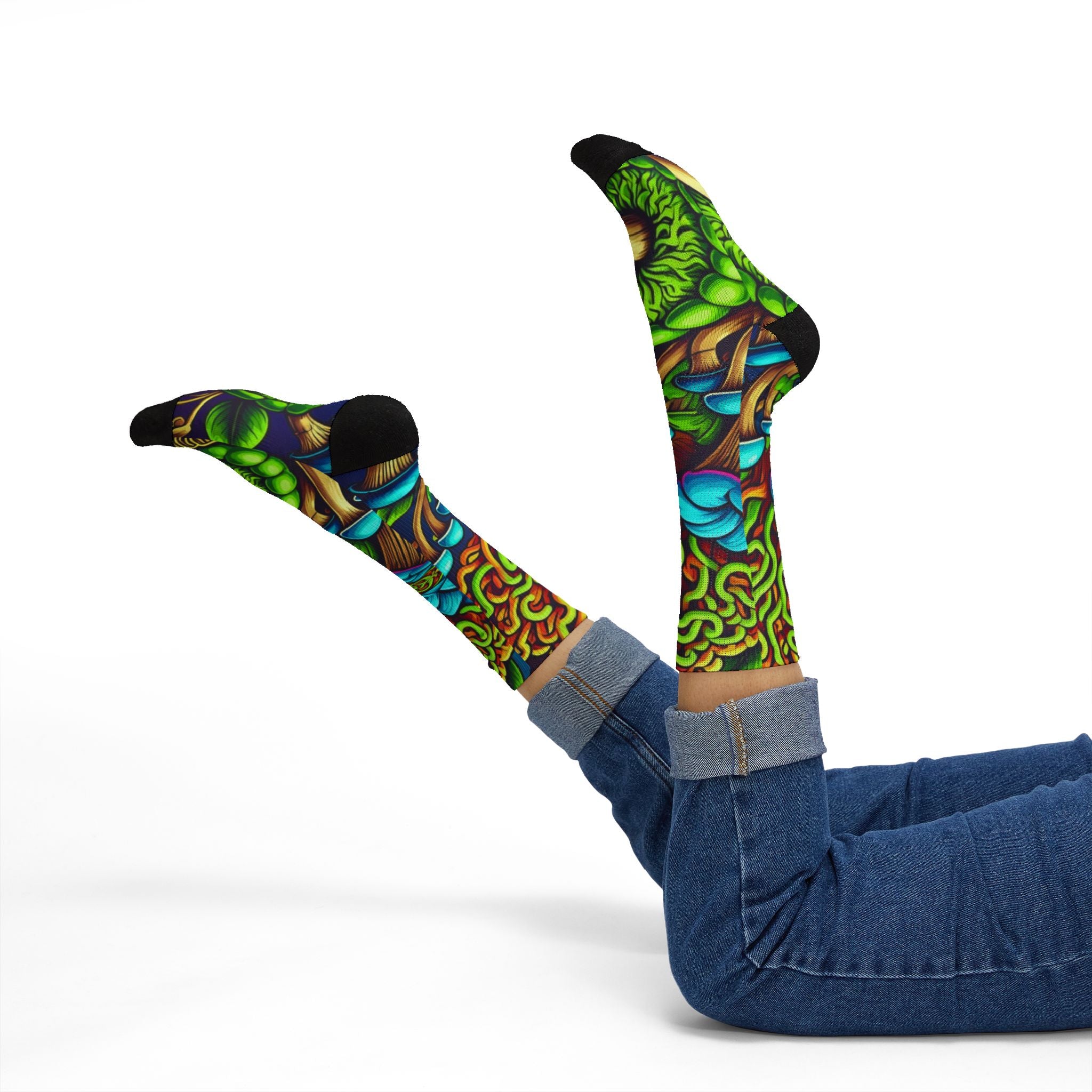 Socks: Psychedelic Mushroom Socks — Vibrant Green Fungi Sublimation Crew Socks